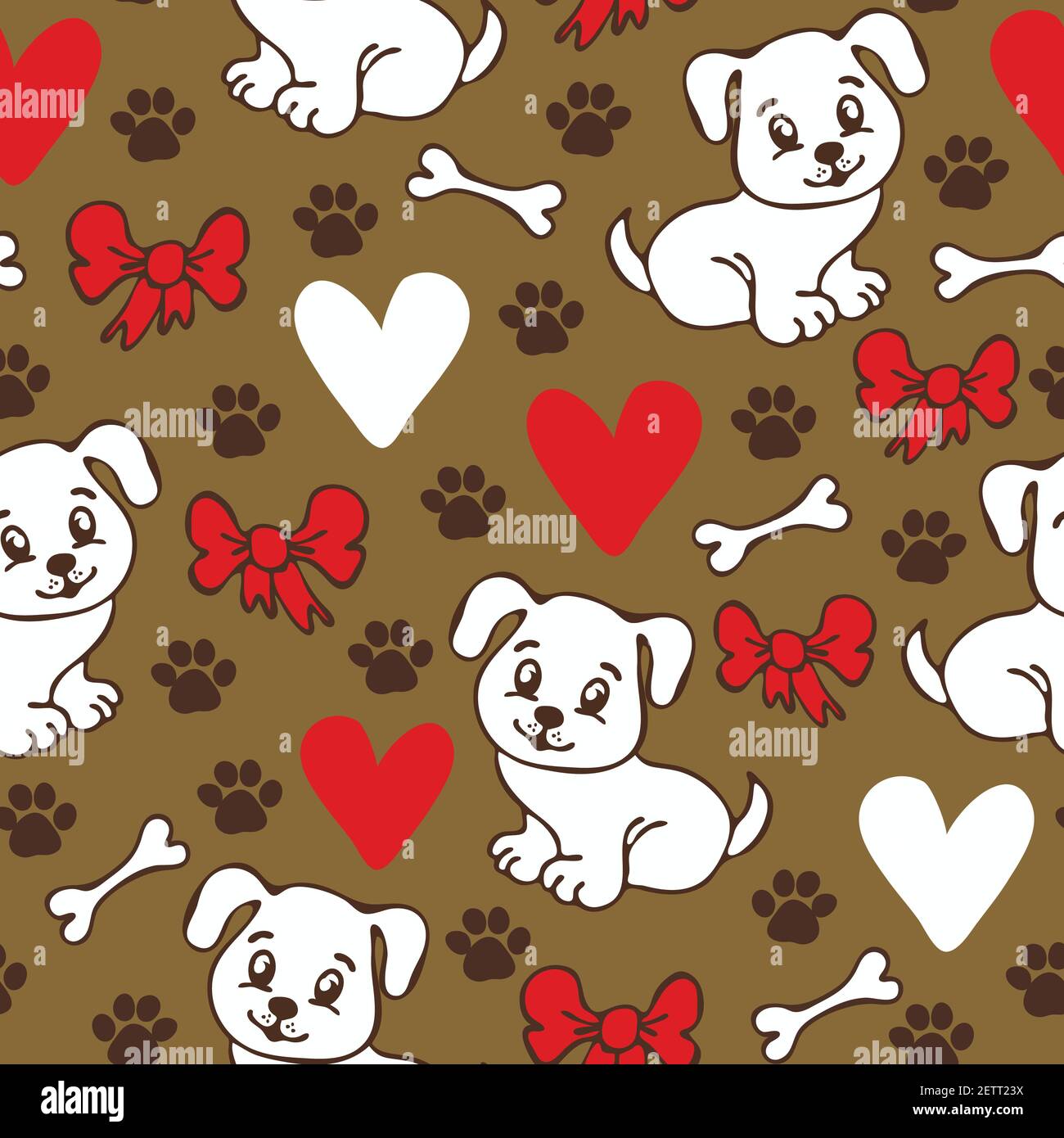 Seamless vector pattern with dogs and love harts on brown background. Animal wallpaper design with white puppies. Stock Vector