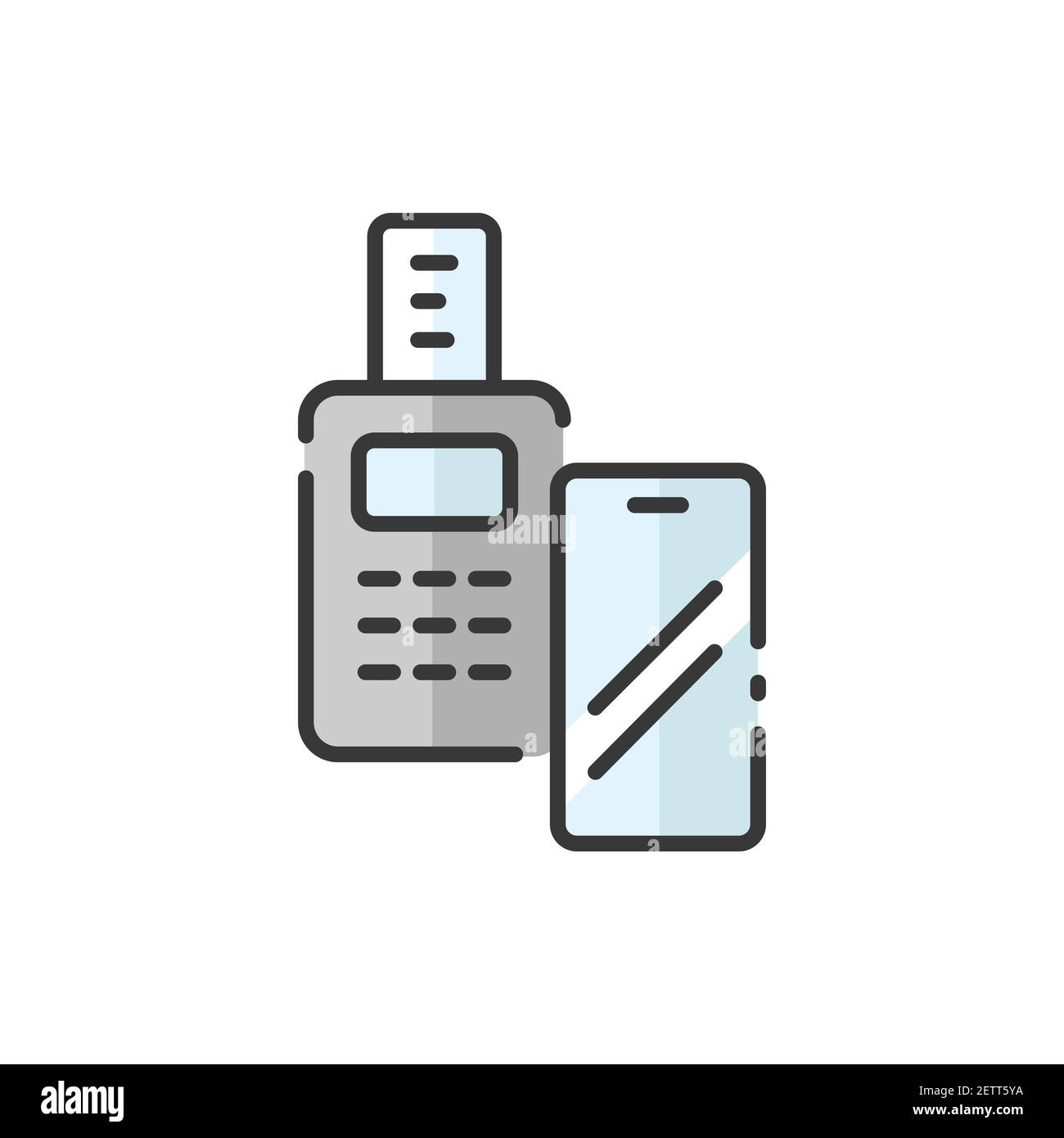 Transaction with smartphone. Swiping terminal payment. Pay with mobile. Filled color icon. Isolated commerce vector illustration Stock Vector