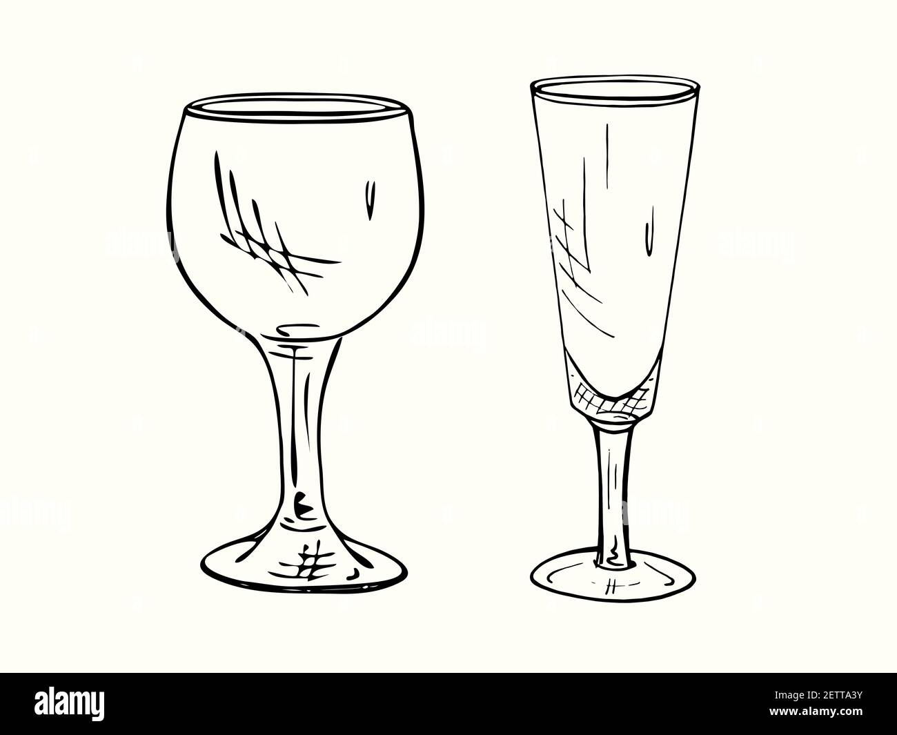 Red and white wine glass isolated, outline simple doodle drawing, gravure style, design element
