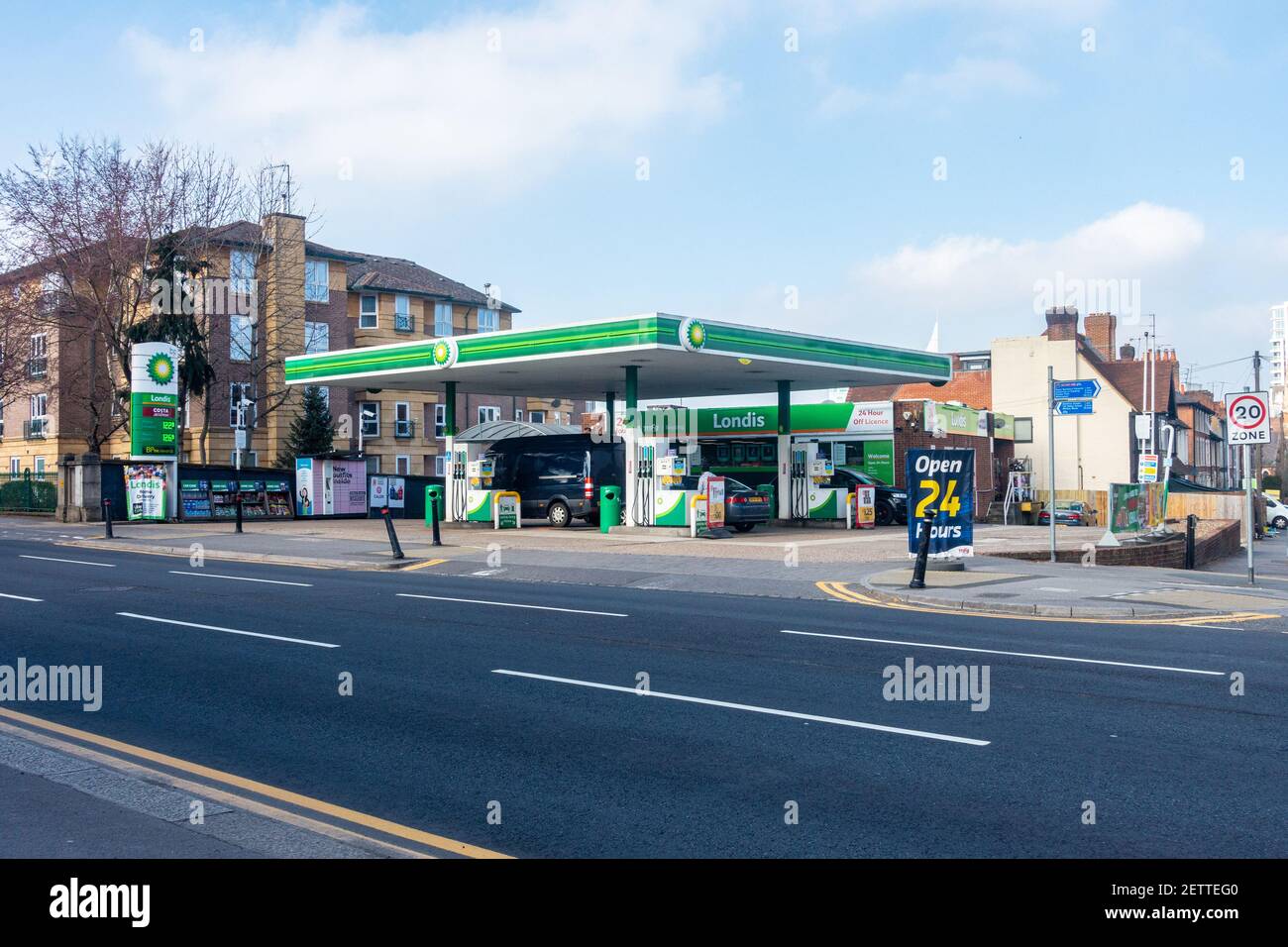 The BP petrol station on London Road in Reading, UK with a small Londis