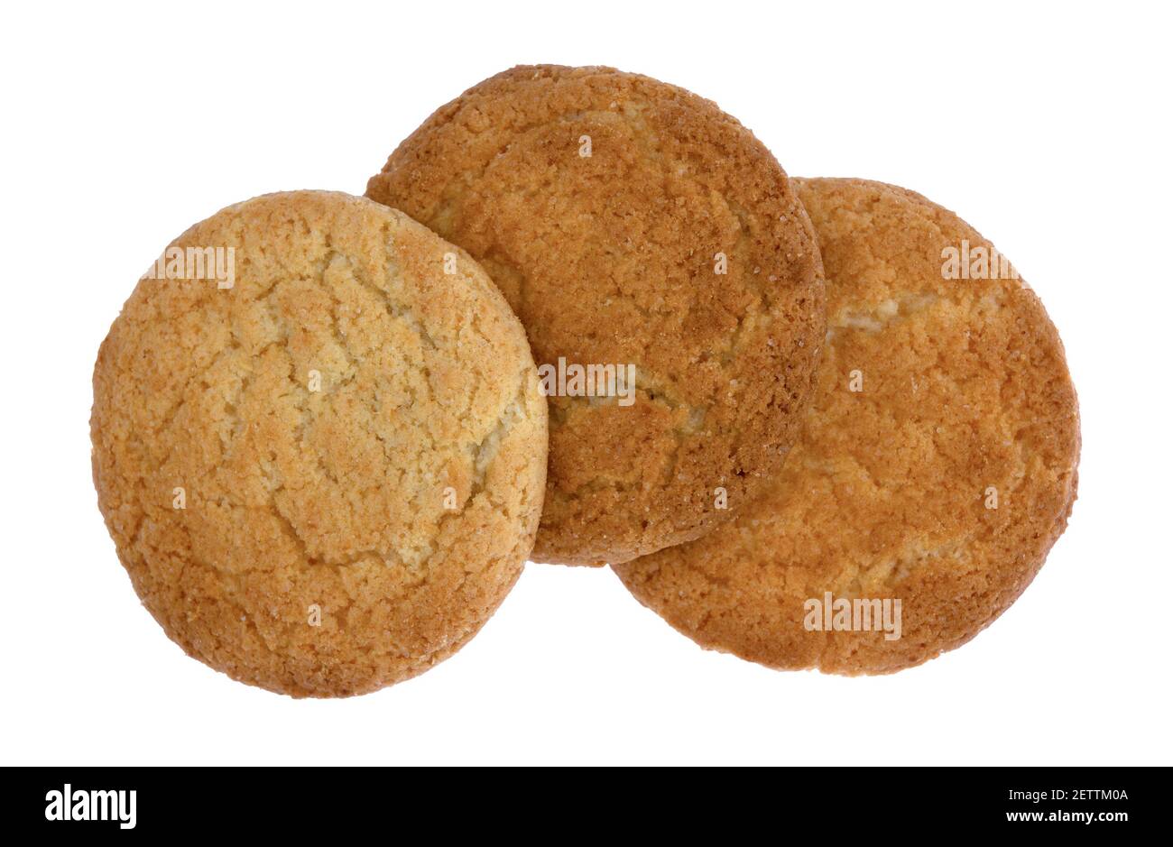 Top view of three coconut flavor cookies arranged and isolated on a white background. Stock Photo