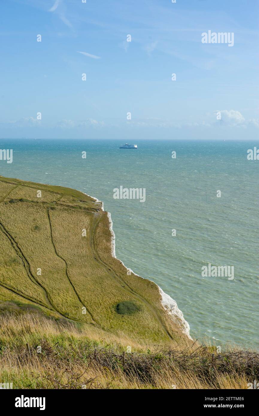 Looking towards France from the top of The white cliffs of Dover at Langdon Bay Stock Photo