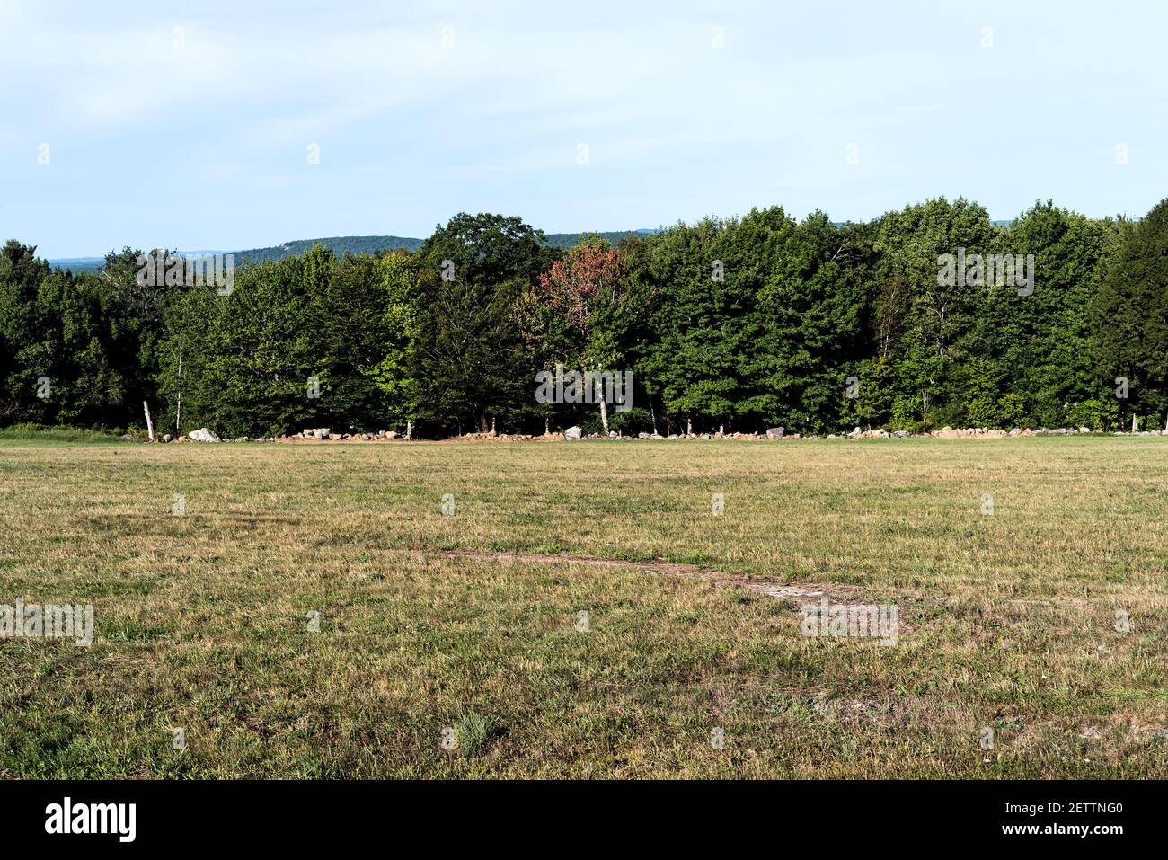 View of vacant land with field and trees bordered by a rock wall in the late summer. Stock Photo