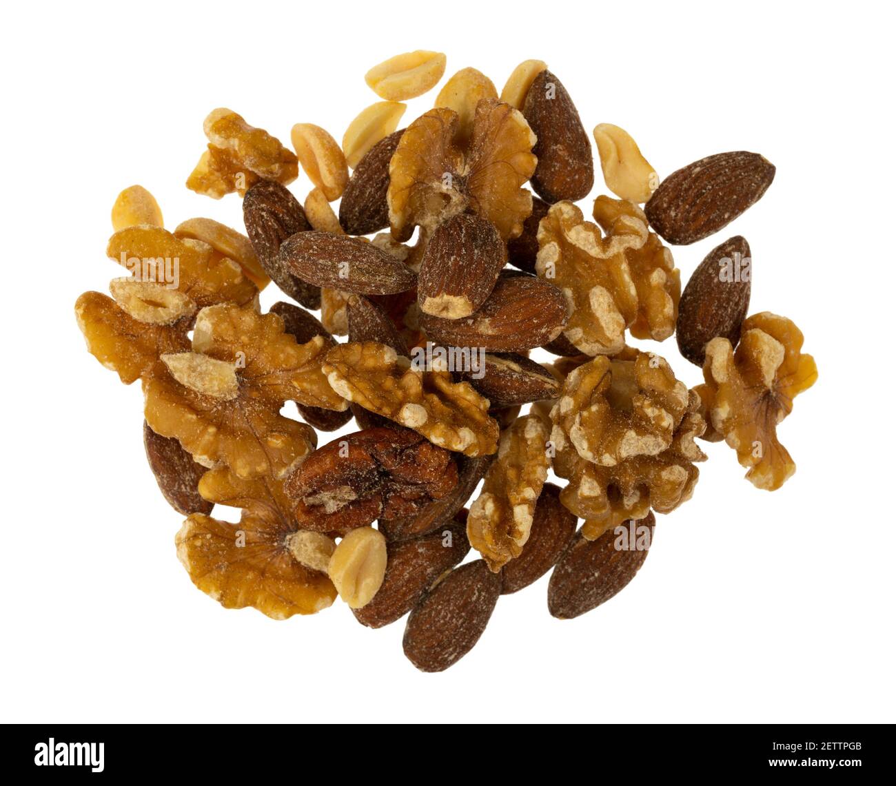 Portion of assorted nuts isolated on a white background top view. Stock Photo