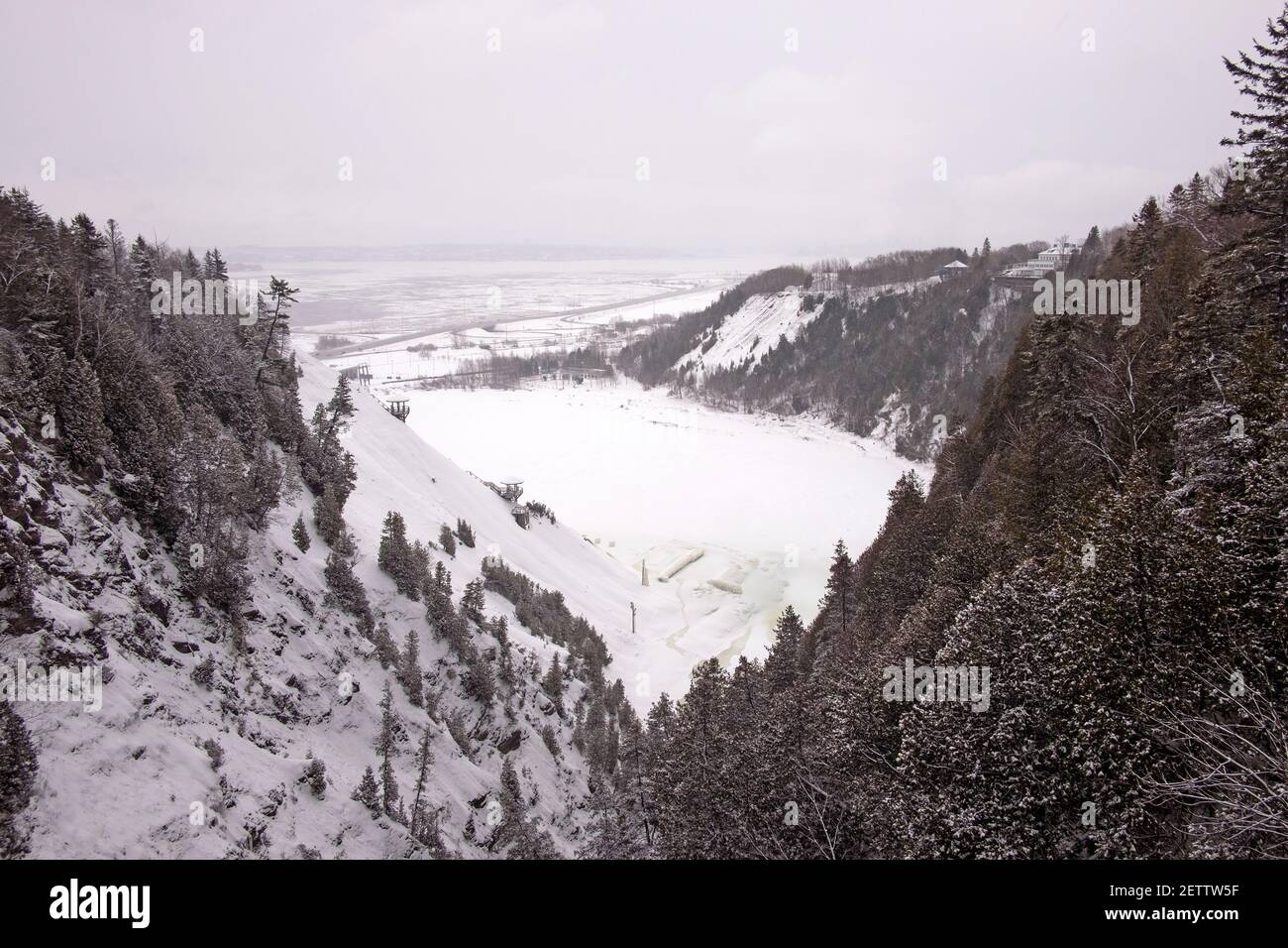 Aerial Panoramic View of Lac StJoseph in Winter Season, Quebec Stock
