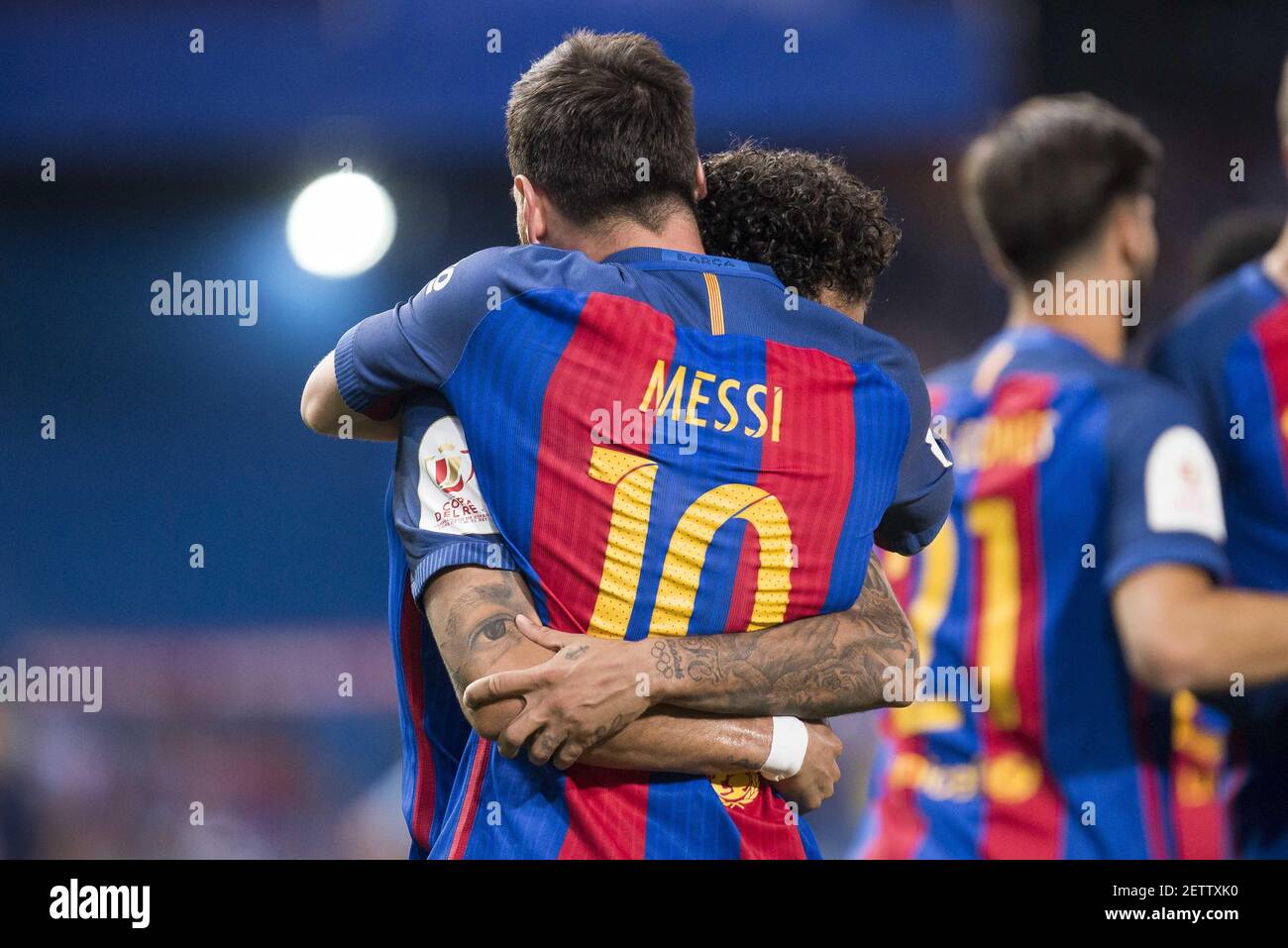 FC Barcelona's forward Leo Messi and forward Neymar Santos Jr celebrating a  goal during Copa del Rey (King's Cup) Final between Deportivo Alaves and FC  Barcelona at Vicente Calderon Stadium in Madrid,