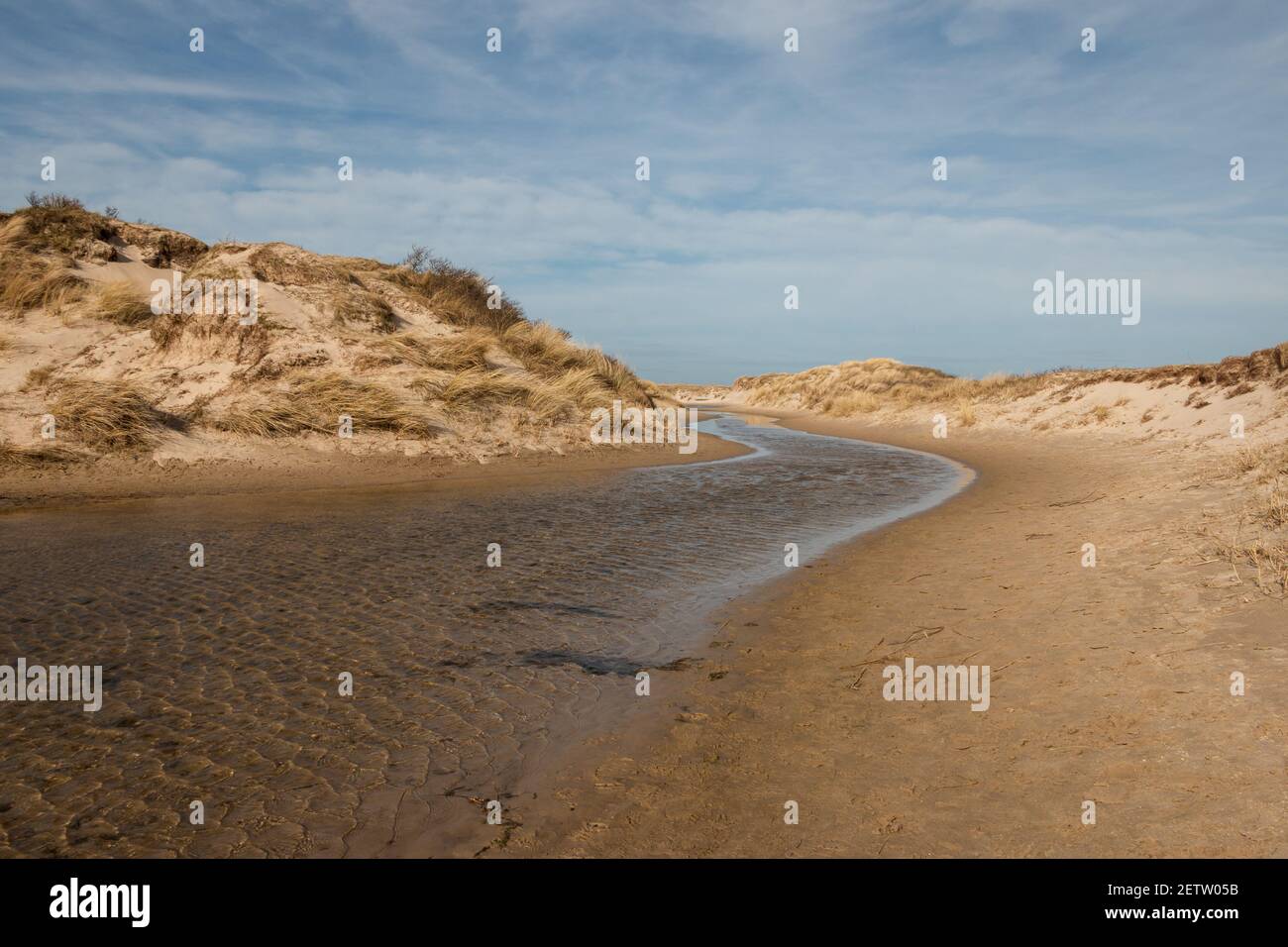 Walking through the slufter valley on the Wadden island of Texel, a sandy plain that is openly connected to the North Sea, the Netherlands Stock Photo