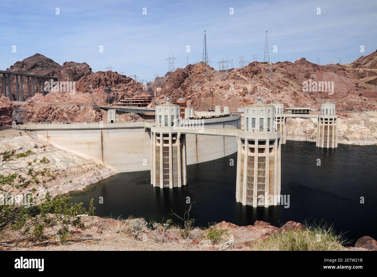 View of the penstock towers over Lake Mead at Hoover Dam, between Arizona and Nevada states, USA. Stock Photo