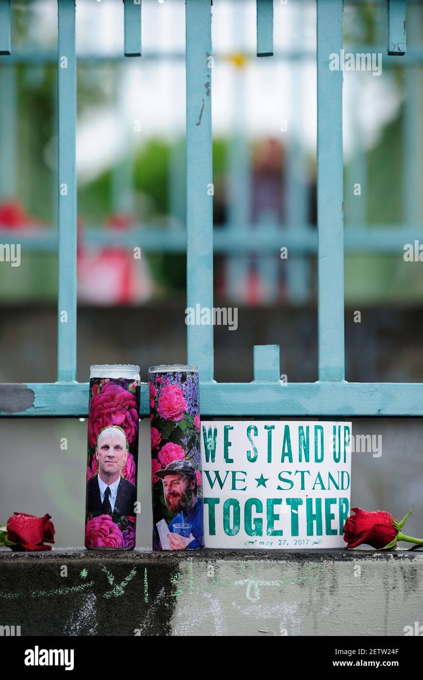 A memorial is pictured in Portland, Ore., on May 30, 2017, after 23 ...