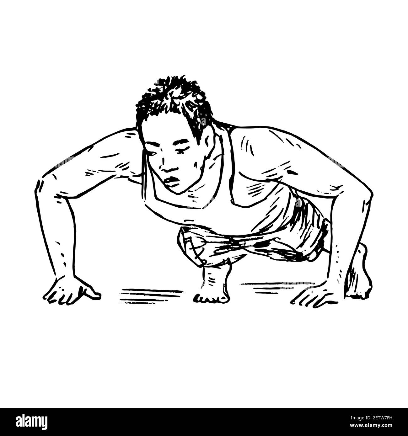 Push-up workout, man front view, hand drawn doodle, drawing in gravure style, sketch illustration Stock Photo
