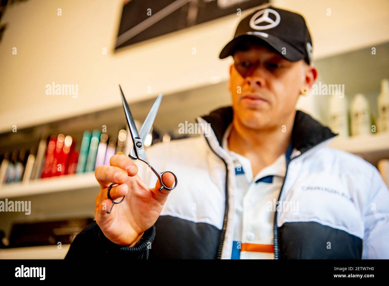 The last preparations in Kapsalon Toni Guy, the hairdressers can open again tomorrow after a closure of 11 weeks during the hard lockdown, in Rotterdam, Netherlands, on March 02, 2021. Photo by Robin Utrecht/ABACAPRESS.COM Stock Photo