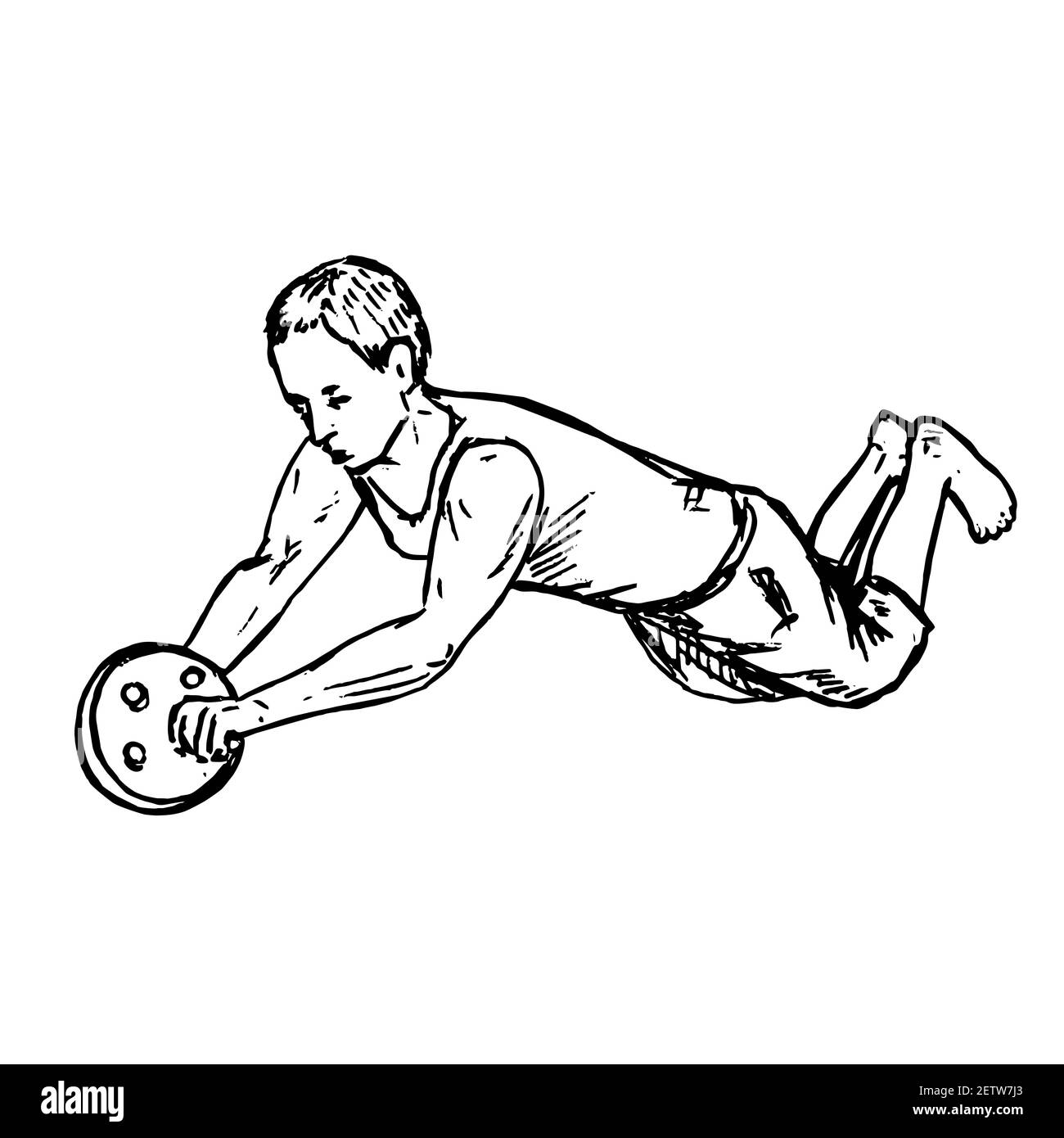 Man doing dumbbell push-ups, hand drawn doodle, drawing in gravure style, sketch illustration Stock Photo