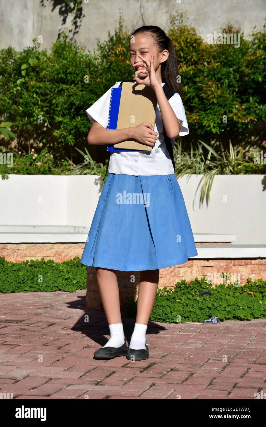 Female Student And Okay Sign Wearing Uniform With Books Standing Stock ...