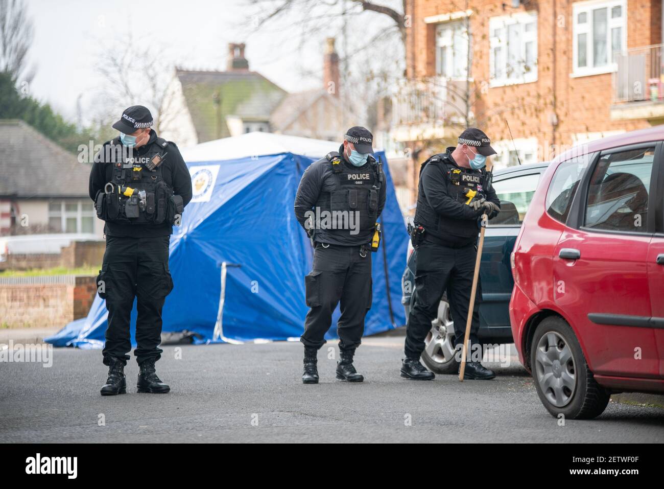 Perry Barr, Birmingham, UK. 2nd March 2021: A murder investigation has been launched after a man was stabbed in the neck to death early Tuesday morning on Perry Villa Drive in North Birmingham. Credit: Ryan Underwood / Alamy Live News Stock Photo