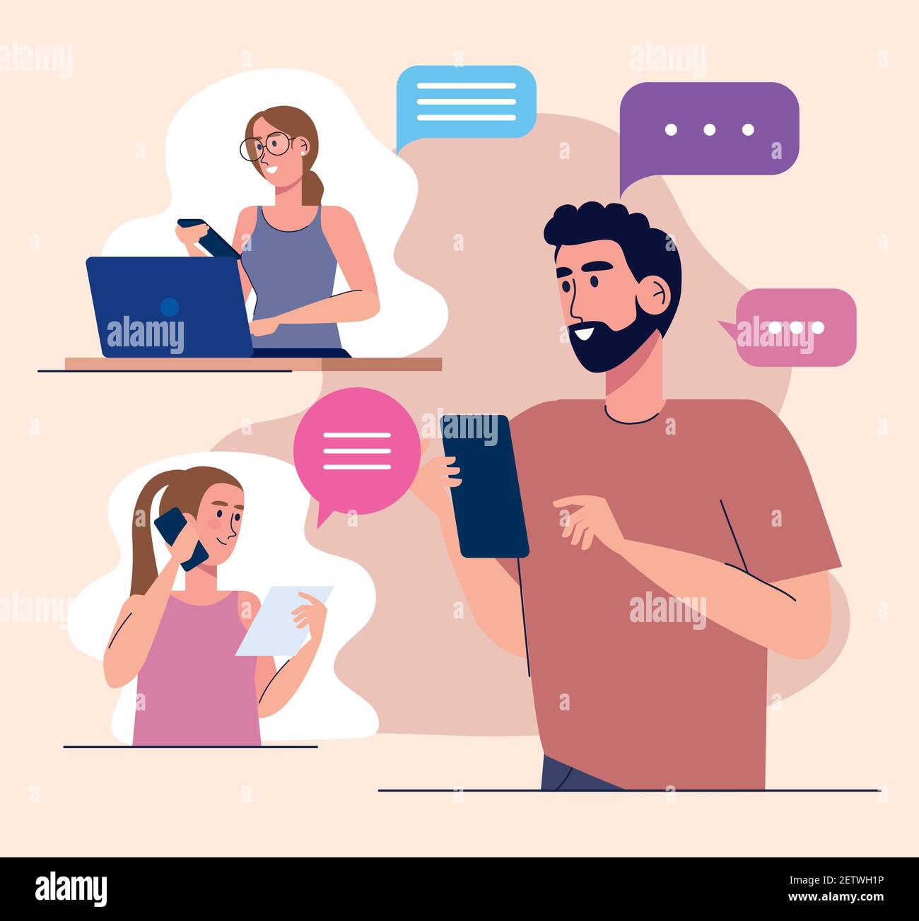 young three persons using smartphones and laptop technology Stock Vector
