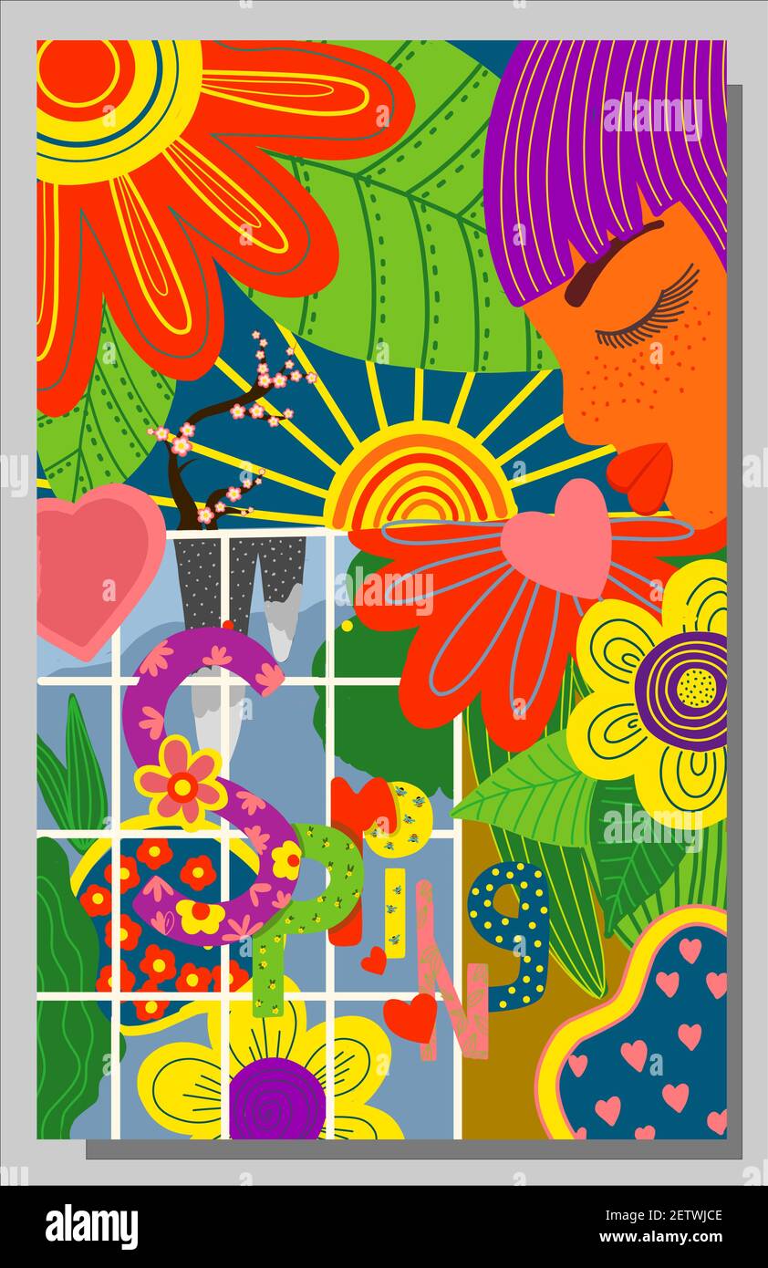 cute poster of spring time, vector drawn illustration nature, girls against a landscape surrounded by floral patterns. Stock Vector