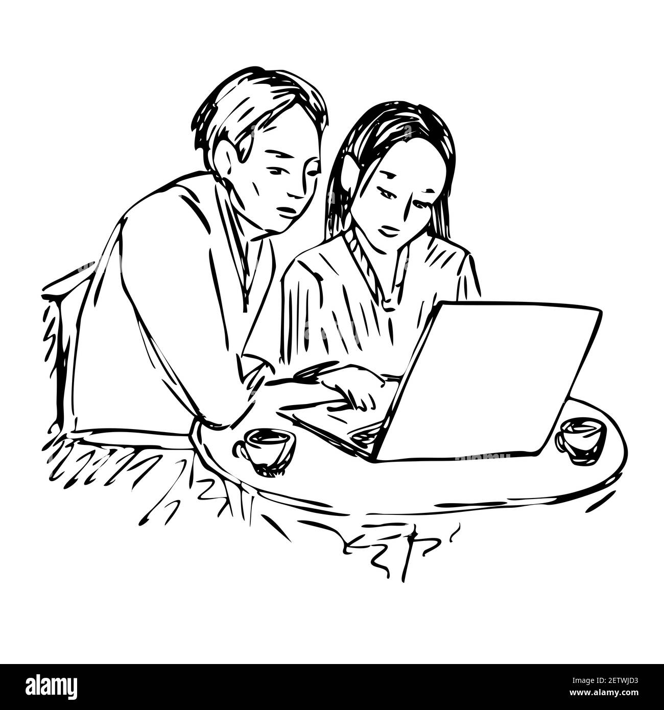 Couple working on laptop, hand drawn ink doodle, sketch, black and white illustration Stock Photo