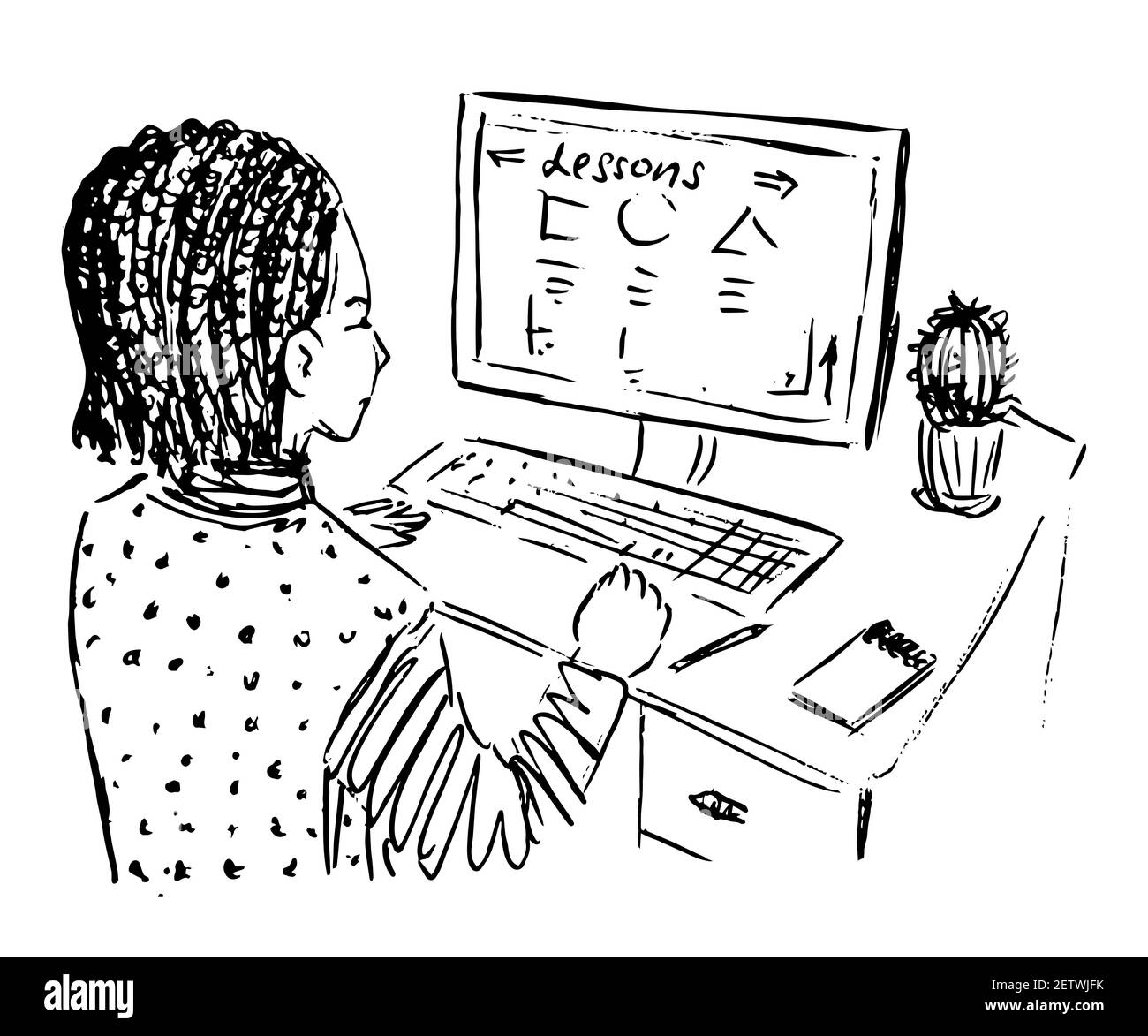 Boy with dreadlocks hairstyle sitting at home and studying lessons online  on computer, table with cactus, back view, hand drawn ink doodle, sketch  Stock Photo - Alamy
