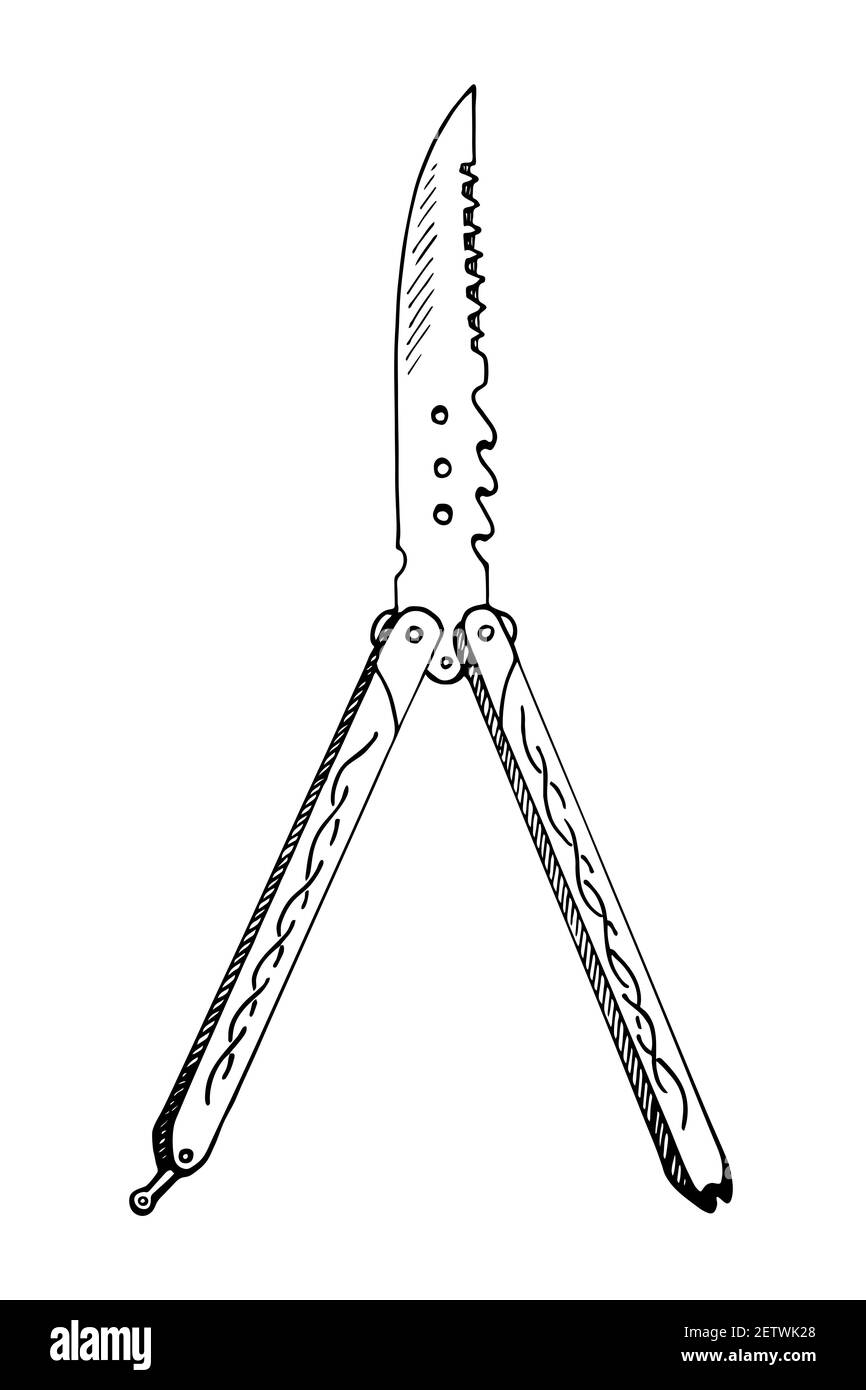 Balisong (fan knife, butterfly knife, Batangas knif) folding pocketknife,  gravure style hand drawn illustration Stock Photo - Alamy