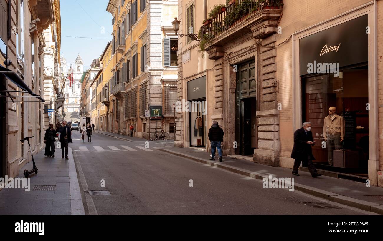Rome, Italy - February 25, 2021: Via dei Condotti looking towards Piazza di Spagna during the period of the pandemic is no longer the busy and trendy Stock Photo