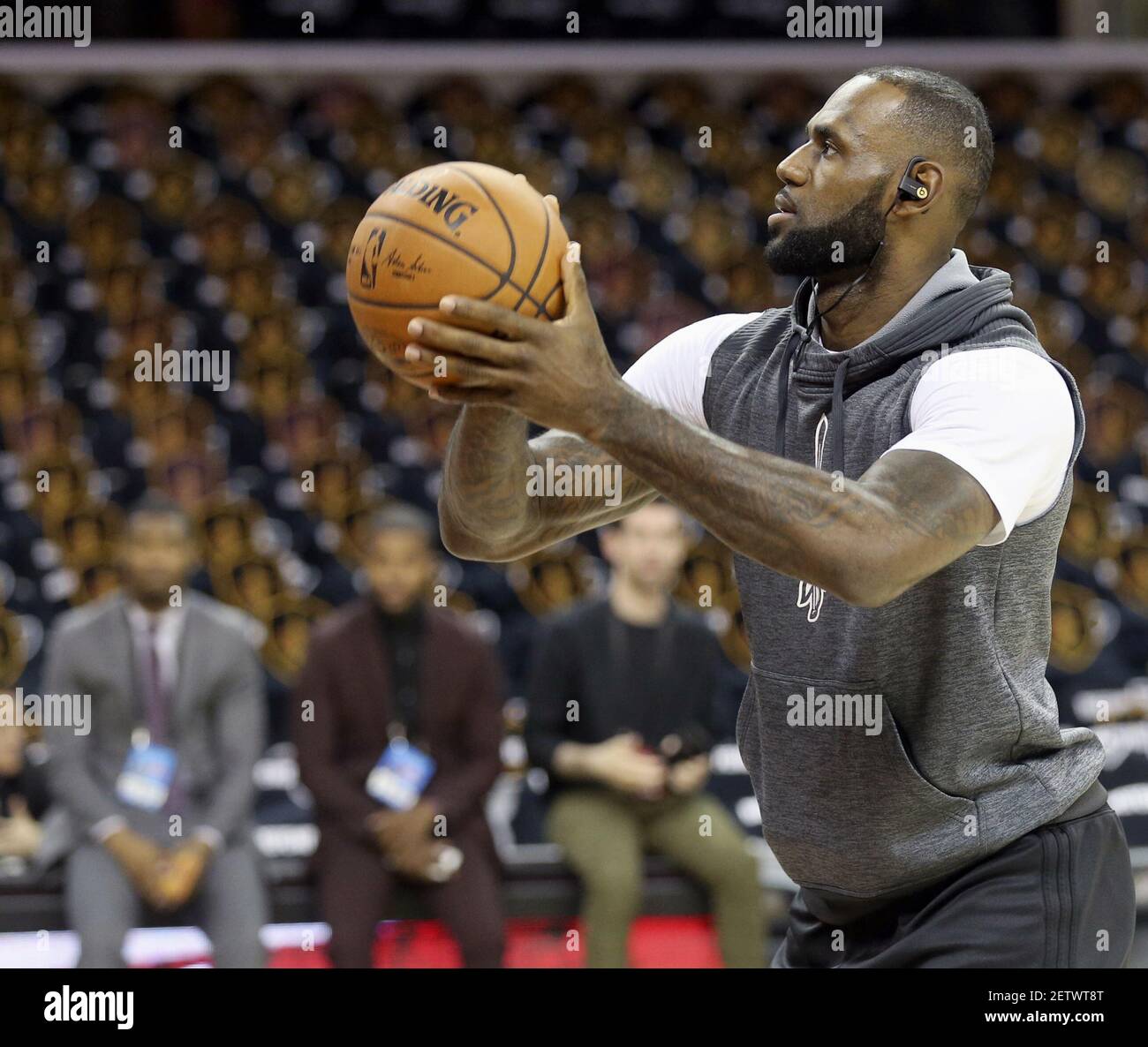 The Cleveland Cavaliers LeBron James shoots free throws during warm-ups ahead of Game 4 of the NBA Finals against the Golden State Warriors at Quicken Loans Arena in Cleveland on Friday, June