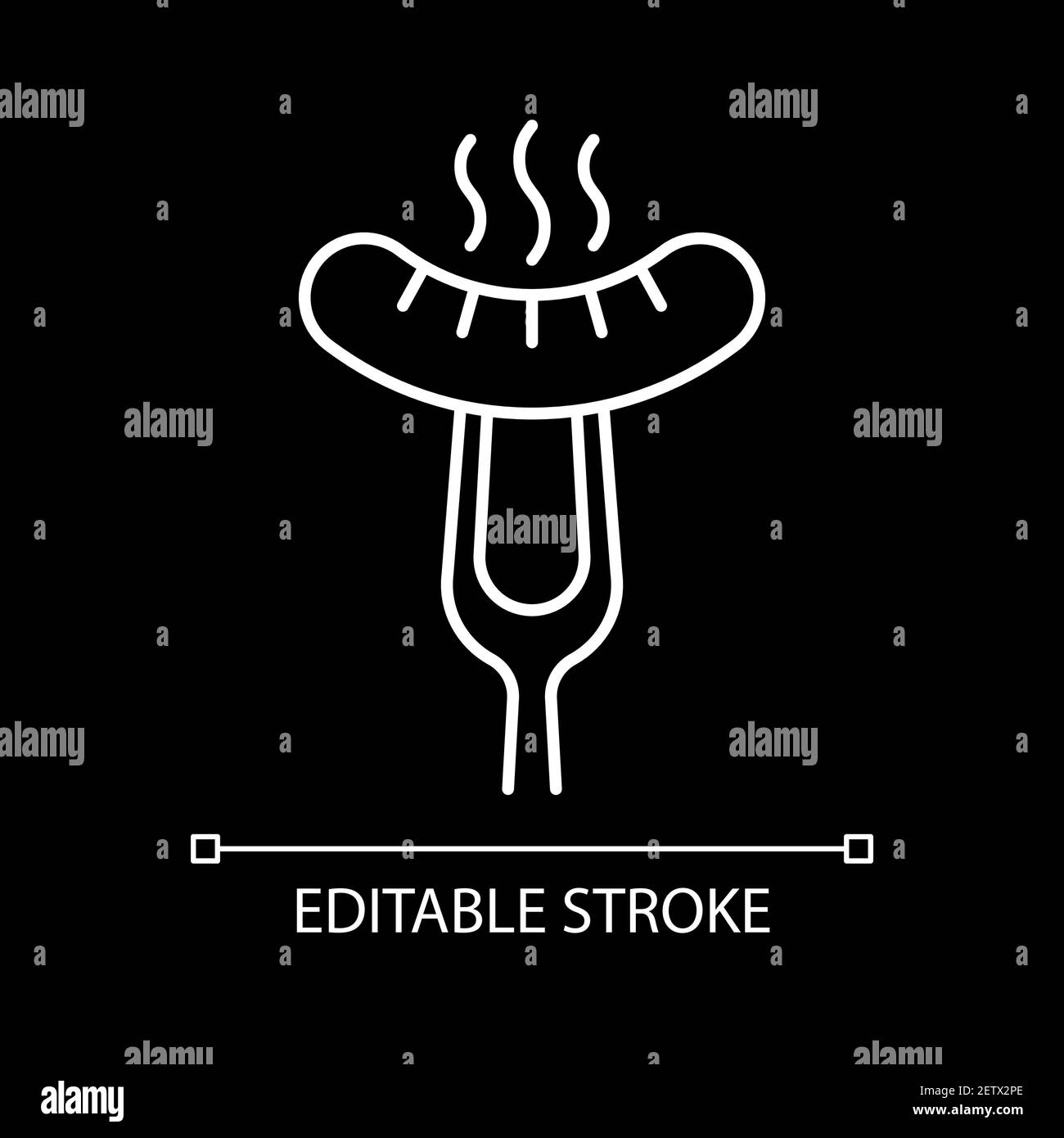 Sausage on fork white linear icon for dark theme Stock Vector