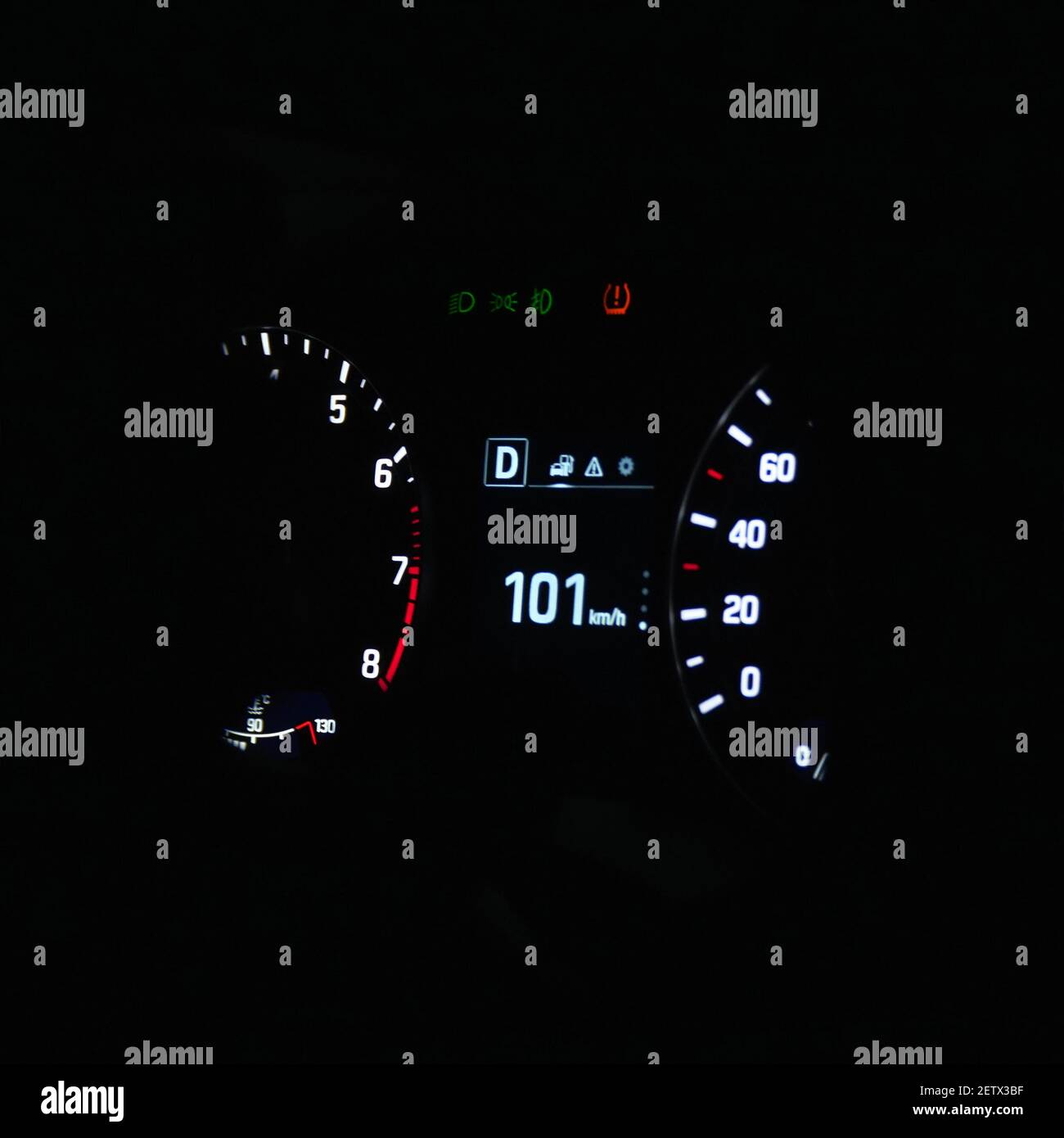 Speedometer in the car on the dashboard. The car's speedometer shows