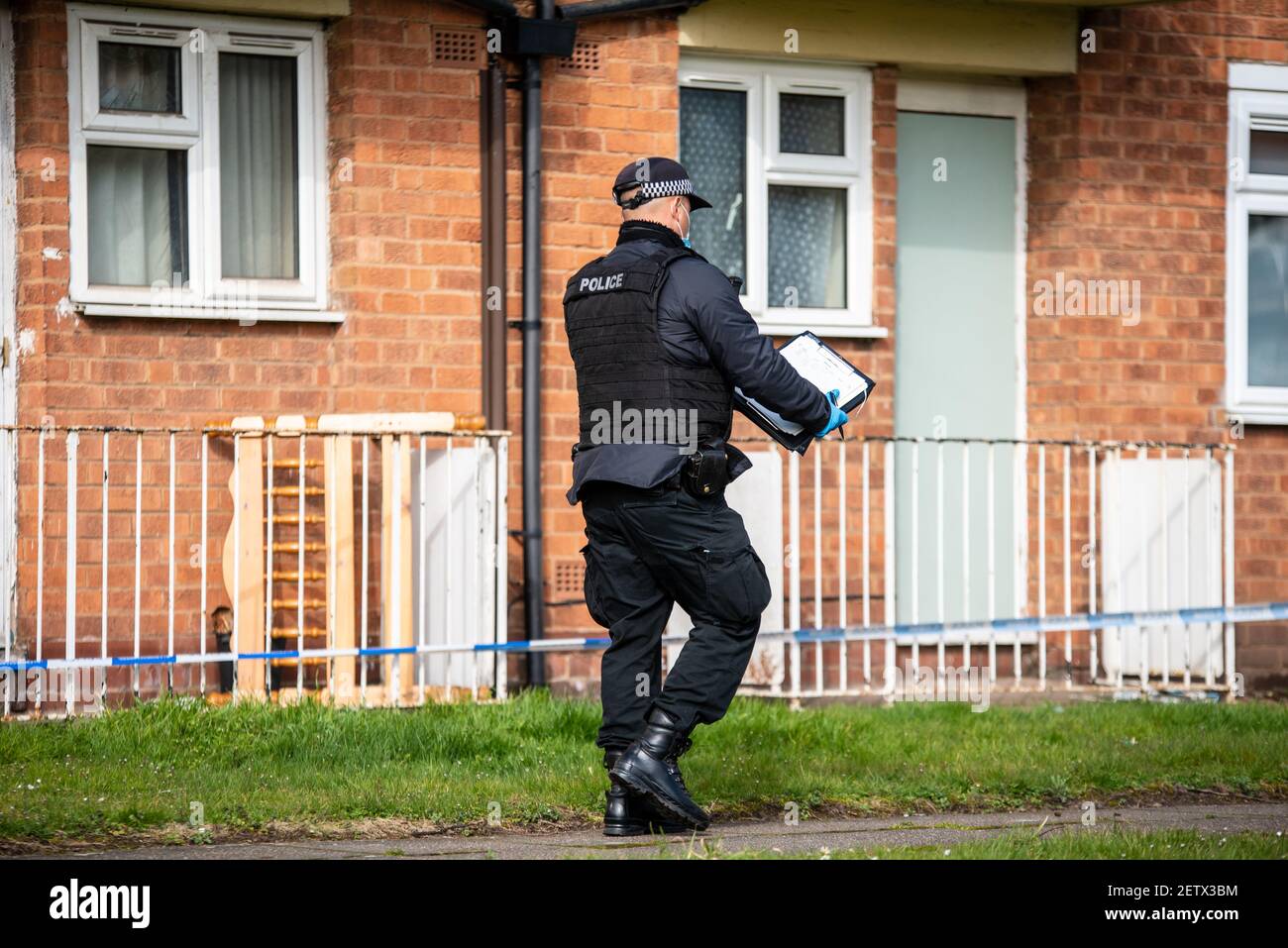 Perry Barr, Birmingham, UK. 2nd March 2021: A murder investigation has been launched after a man was stabbed in the neck to death early Tuesday morning on Perry Villa Drive in North Birmingham. Credit: Ryan Underwood / Alamy Live News Stock Photo