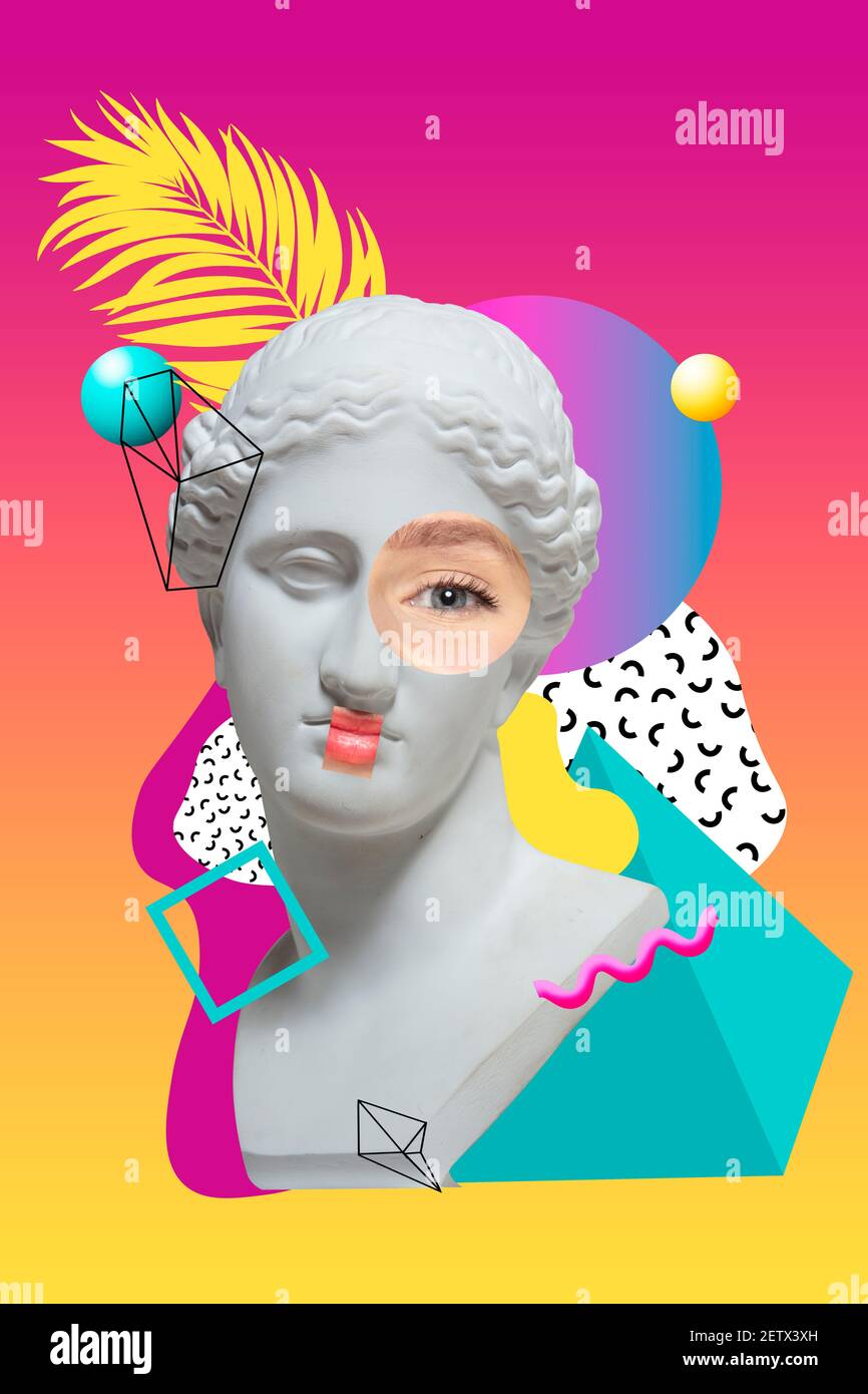 Contemporary art collage with antique statue head in a surreal style ...