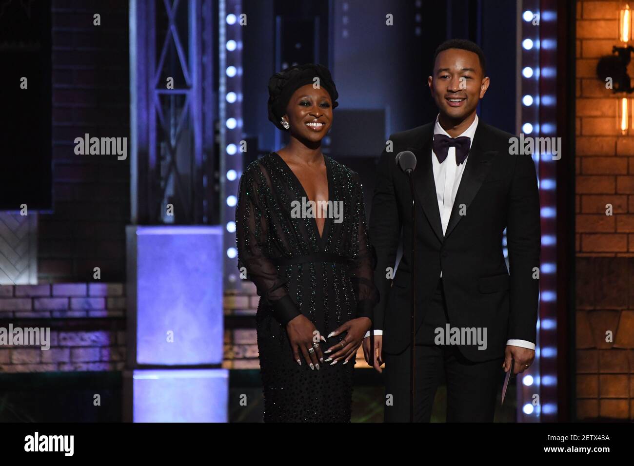 Jun 11, 2017; New York, NY, USA; Cynthia Erivo and John Legend present the award for Best Score at the 71st TONY Awards at Radio City Music Hall. Mandatory Credit: Robert Deutsch-USA TODAY Sports *** Please Use Credit from Credit Field *** Stock Photo