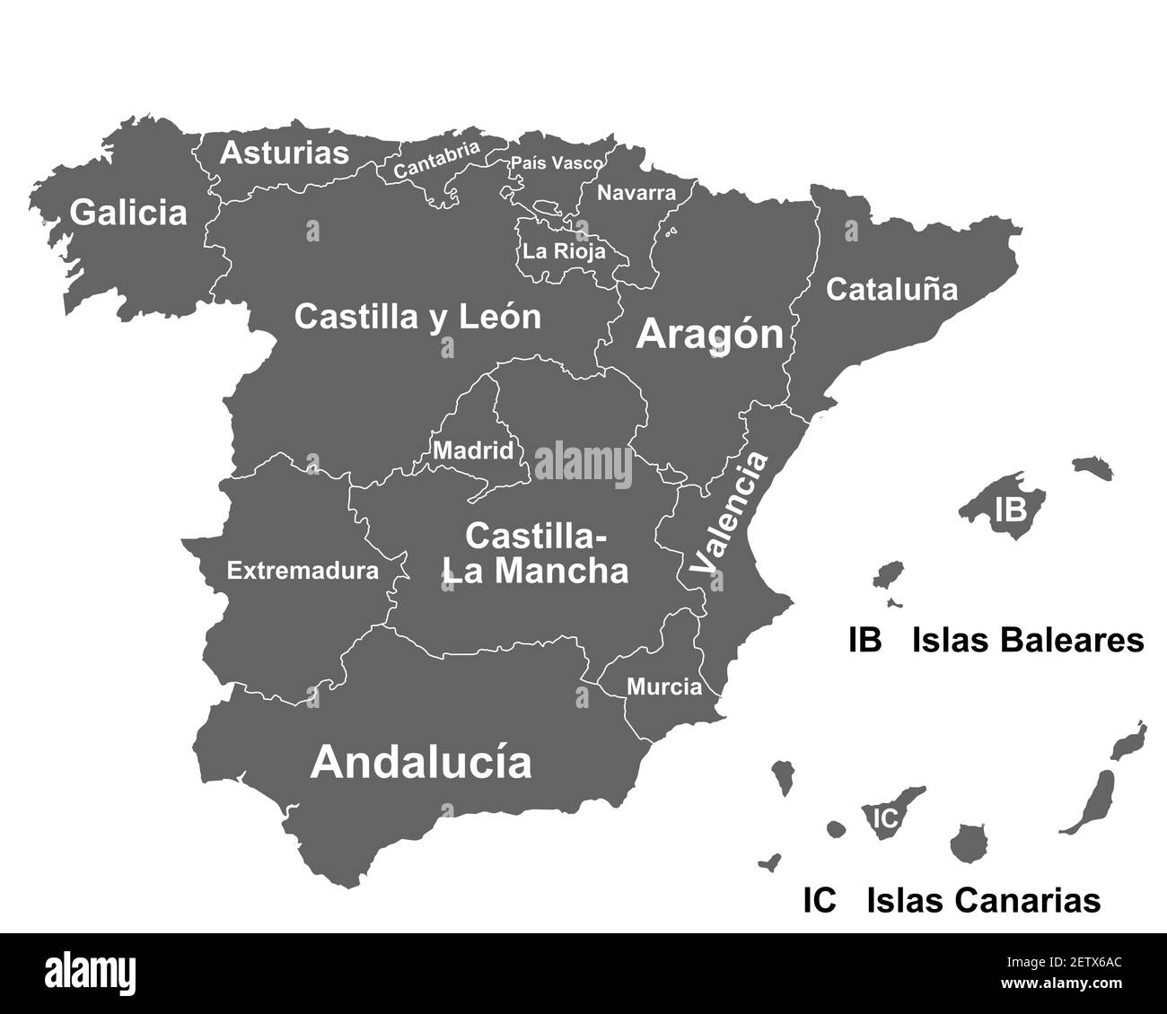 Map of Spain, Balearic and Canary Islands with regions Stock Photo