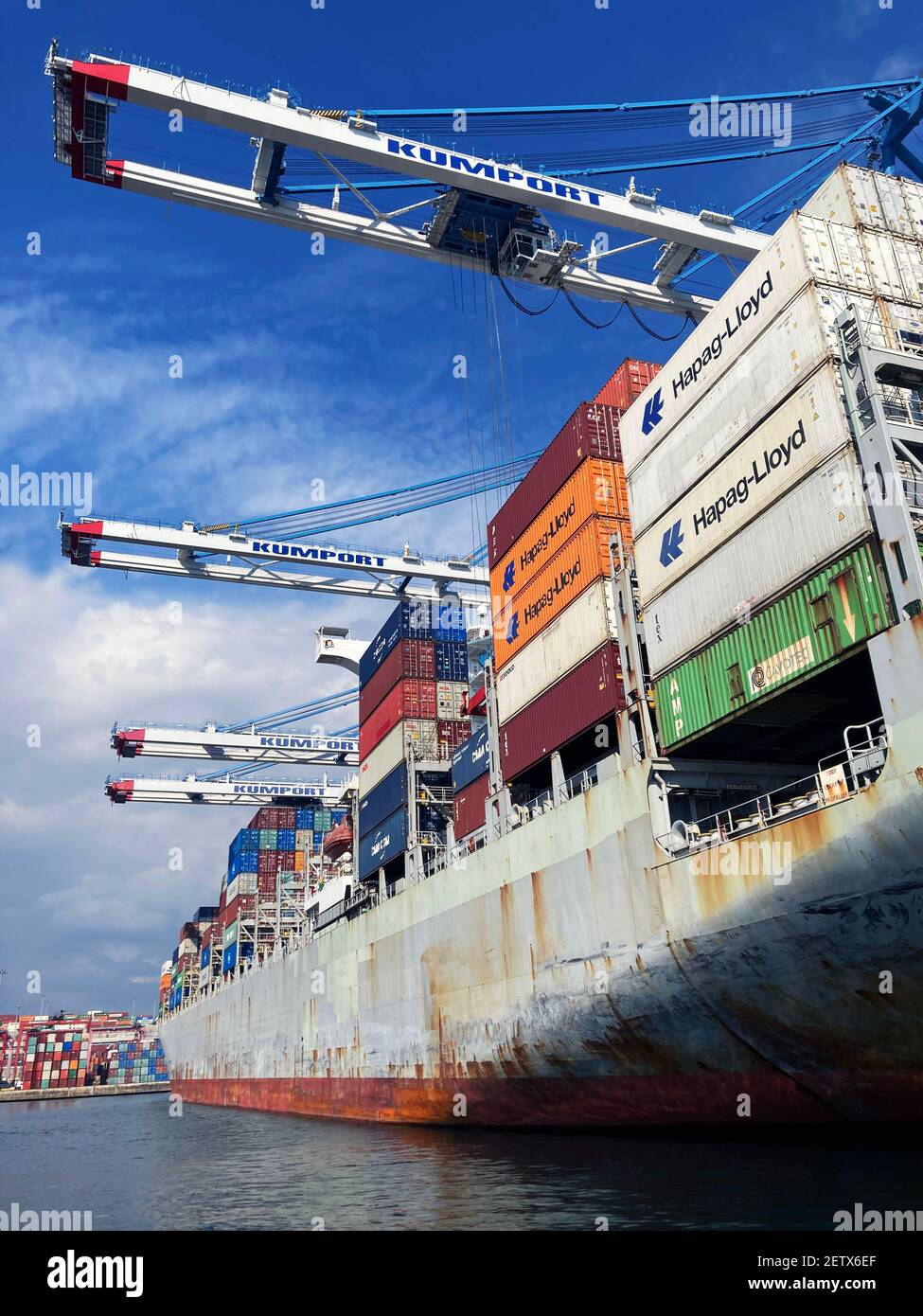 view from ambarli international harbor containers loading ships Stock Photo