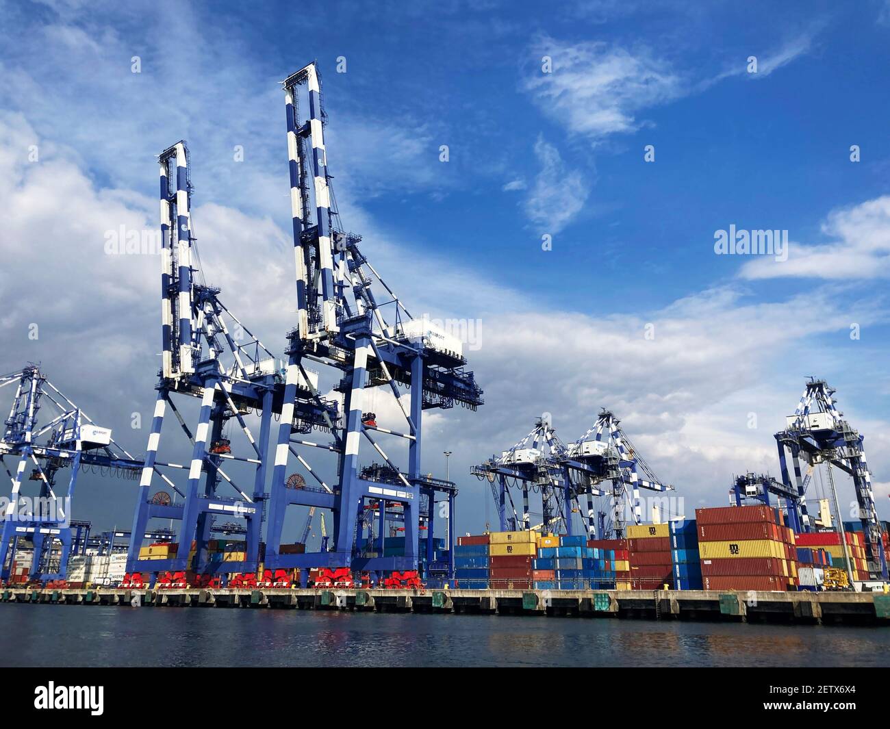 view from ambarli international harbor containers loading ships Stock Photo