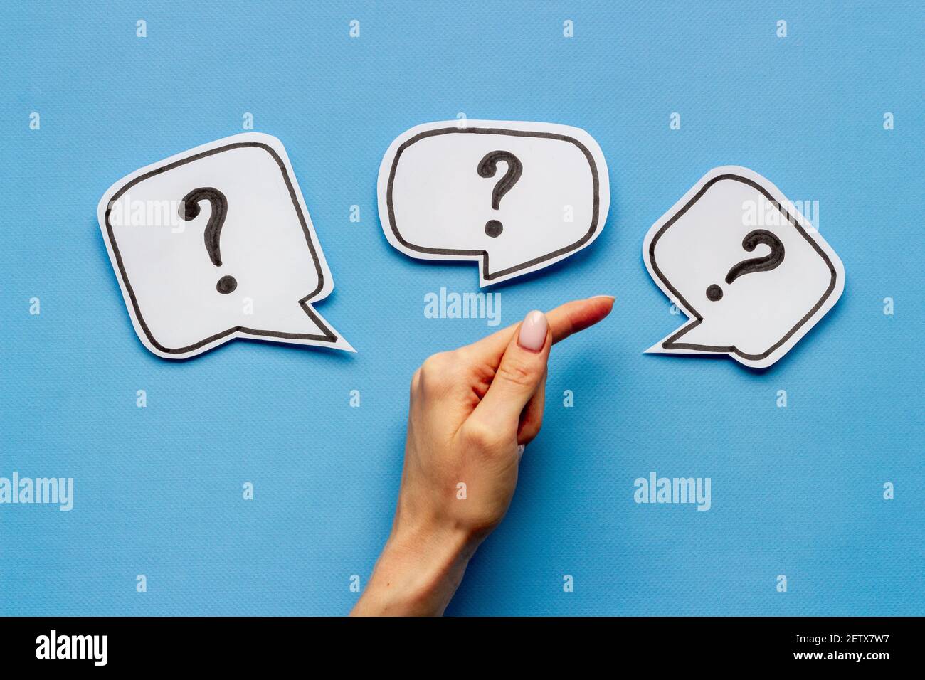 Question mark with hand pointing to a sign. FAQ or search information ...