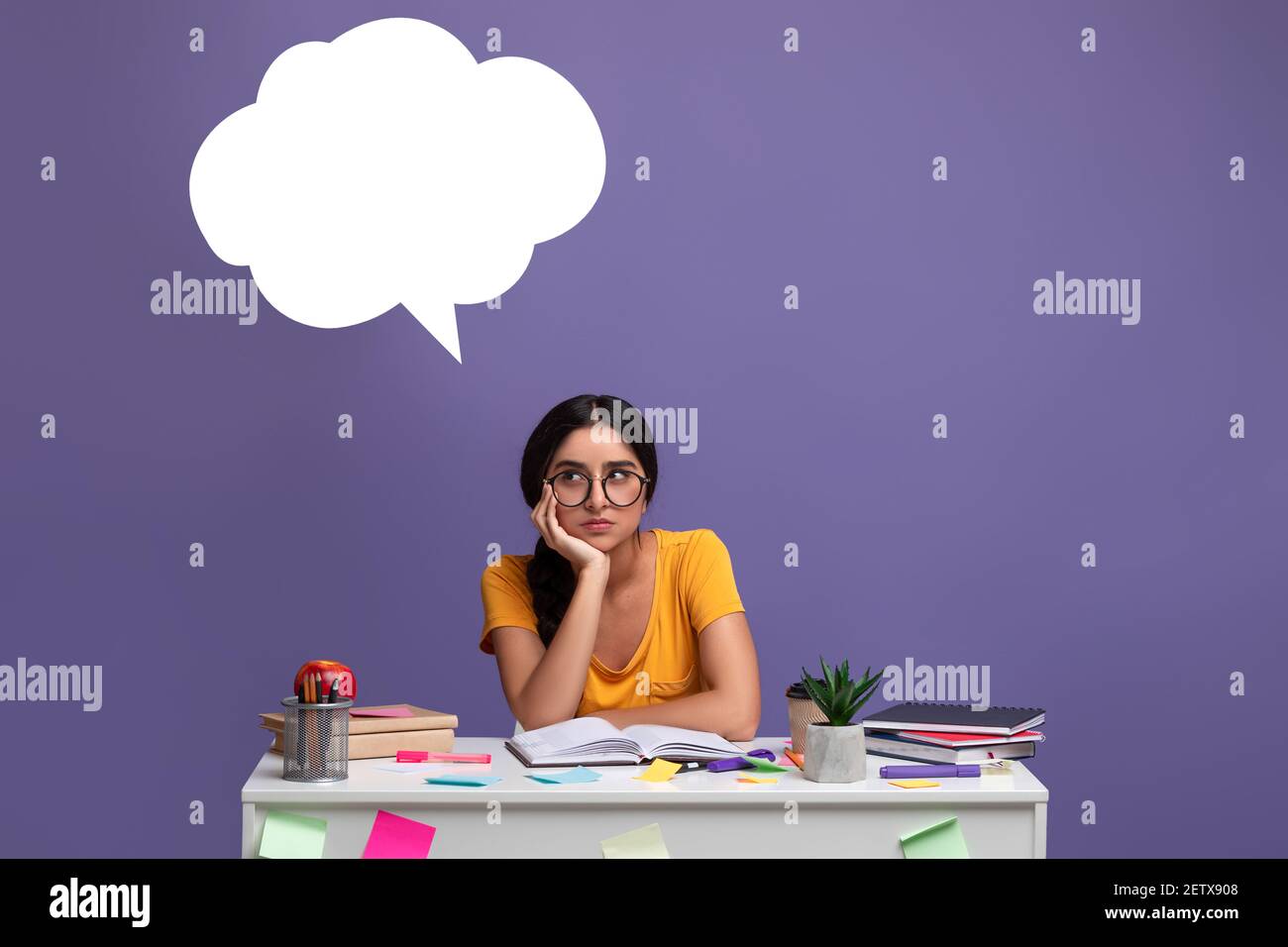 Pensive indian woman thinking with speech bubble Stock Photo - Alamy