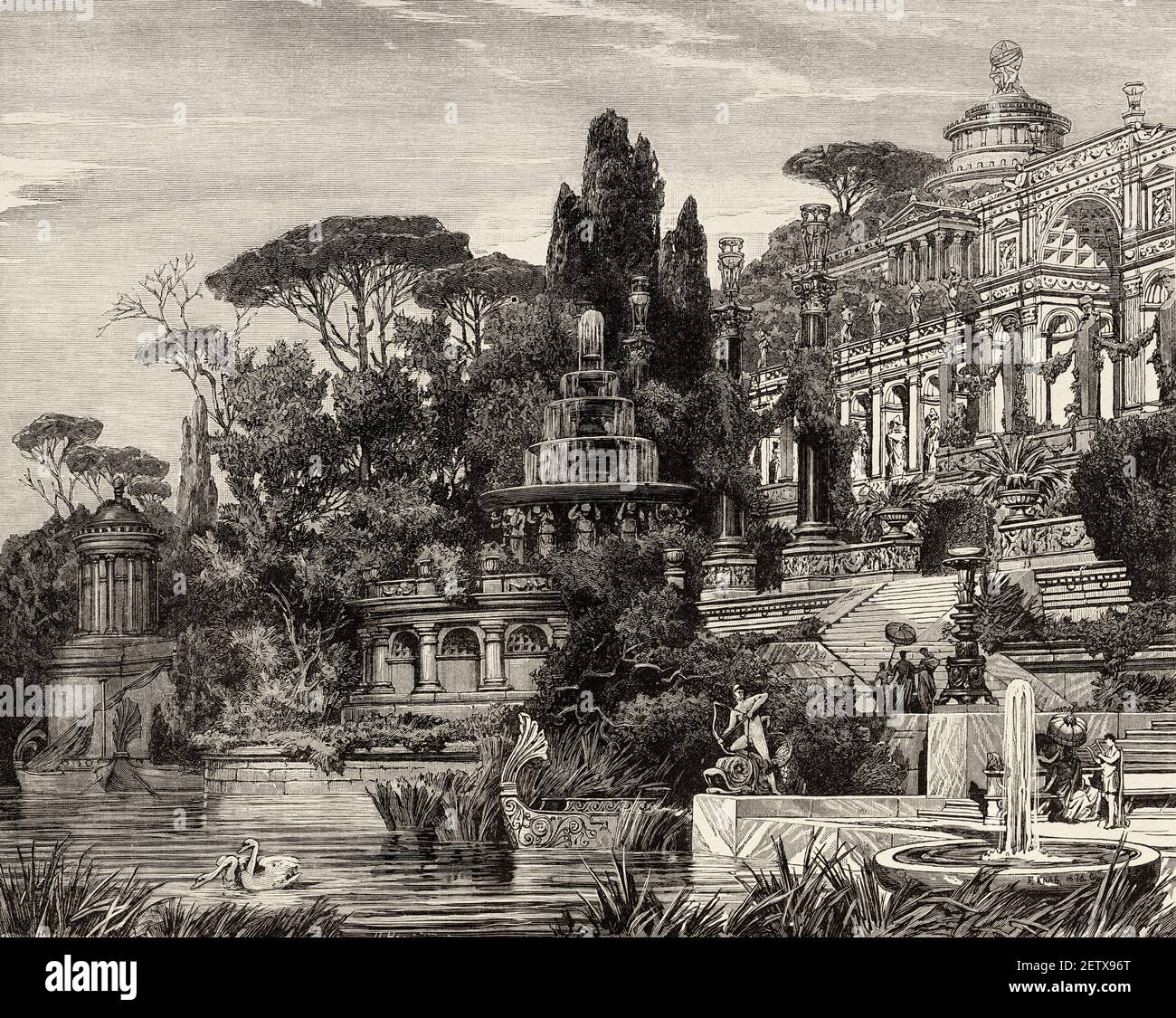 Traditional Roman Villa, Ancient Rome, Italy. Europe. Old 19th century engraved illustration, El Mundo Ilustrado 1881 Stock Photo