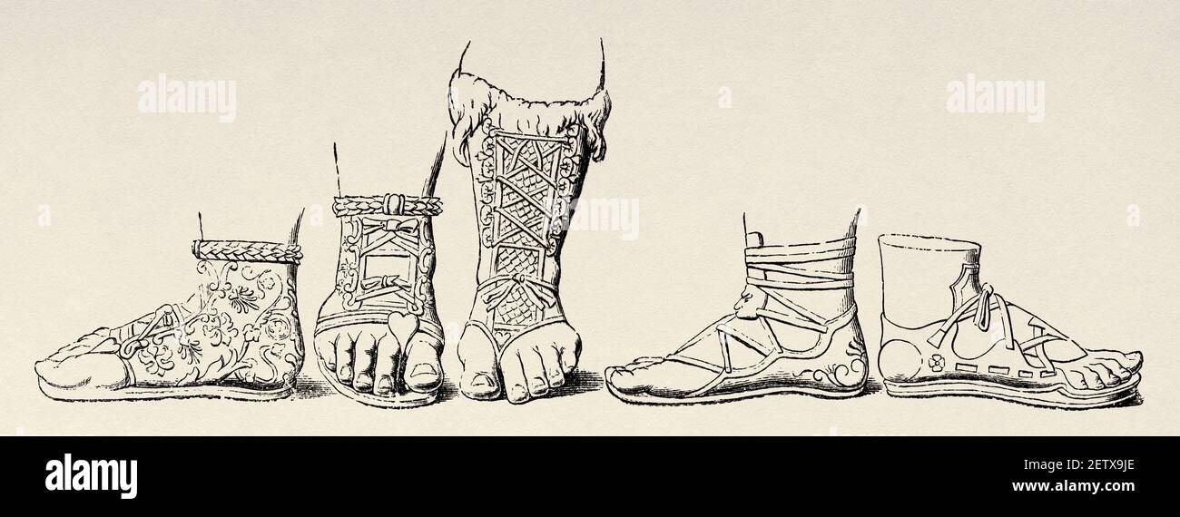Imperial Roman footwear and sandals, Ancient Rome, Ancient roman empire. Italy, Europe. Old 19th century engraved illustration, El Mundo Ilustrado 1881 Stock Photo