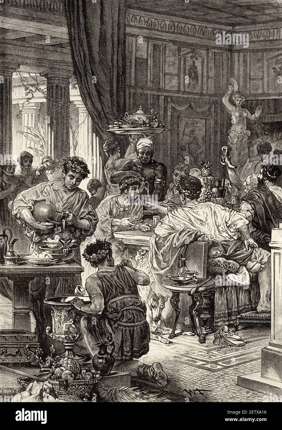 A Roman Banquet, Ancient Rome, Roman empire. Italy, Europe. Old 19th century engraved illustration, El Mundo Ilustrado 1881 Stock Photo