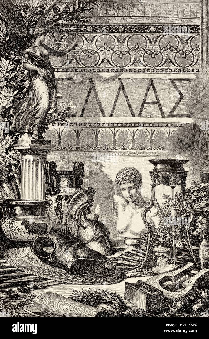 Traditional scenes from ancient Greek culture, Greece. Europe. Old 19th century engraved illustration, El Mundo Ilustrado 1881 Stock Photo