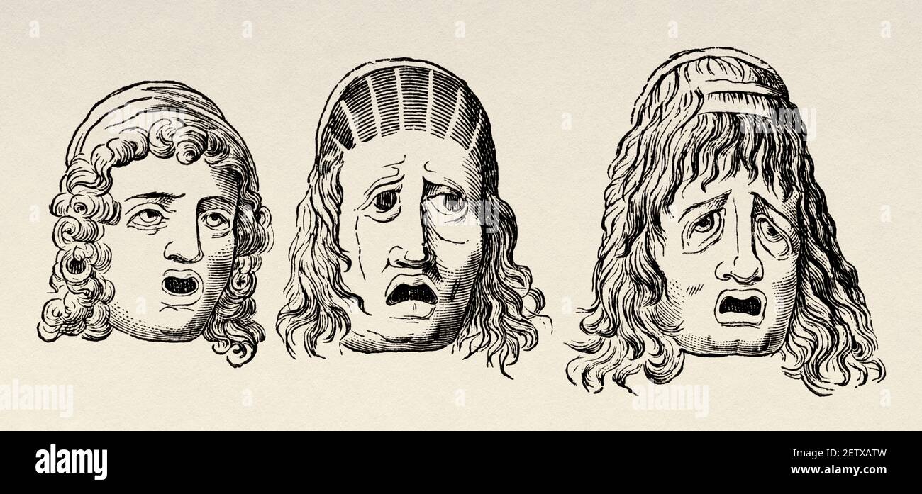 Theatrical masks of tragedy and comedy, ancient Rome, Ancient roman empire. Italy, Europe. Old 19th century engraved illustration, El Mundo Ilustrado 1881 Stock Photo