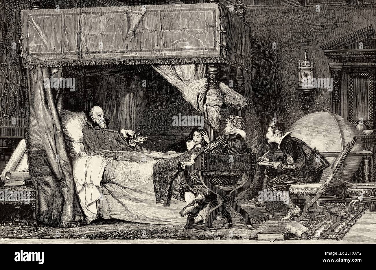 Galileo Galilei (1564-1642) in Arcetri, old Italian scientist  giving lesson to the pupils, sitting around his bed, during his confinement, Ancient roman empire. Italy, Europe. Old 19th century engraved illustration, El Mundo Ilustrado 1881 Stock Photo