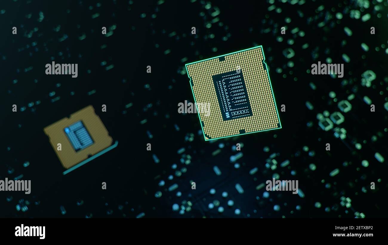 Technological background with CPU and circuit board. Flying CPU and ...