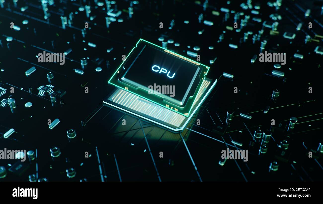 Technological background with CPU and circuit board. Flying CPU and  installation in center circuit board. Neural Networking concept. Moving  data trans Stock Photo - Alamy