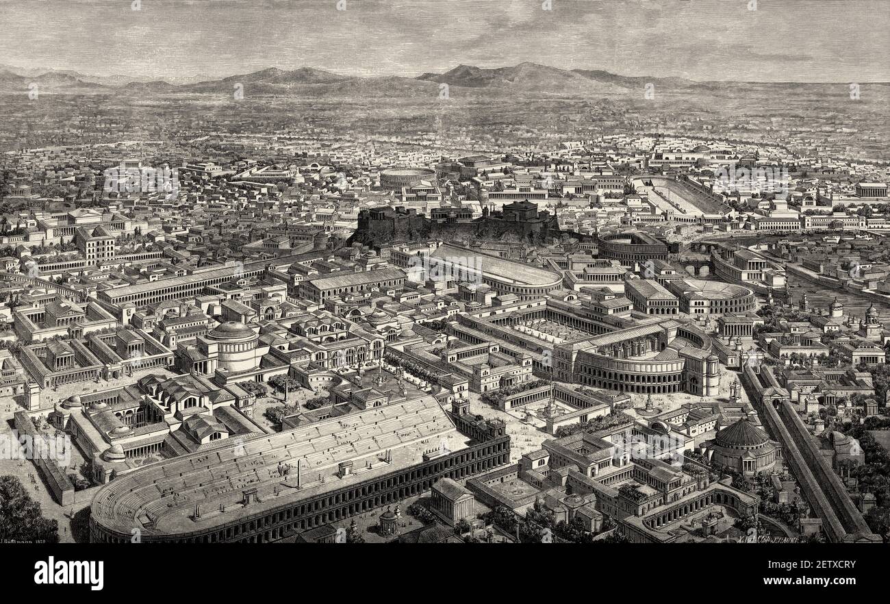 Panoramic general view of the Italian city of Rome in the time of the Roman Emperor Aurelian, Ancient Rome. Italy, Europe. Old XIX century engraved illustration, El Mundo Ilustrado 1880 Stock Photo