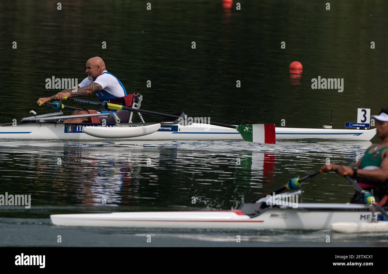 Linz, Austria, Wednesday,  28th Aug 2019, FISA World Rowing Championship, Regatta, Start Area, ITA PR M1X, Fabrizio CASELLI, moving away, from the start pontoon, in his repackage, [Mandatory Credit; Peter SPURRIER/Intersport Images]  10:39:15  28.08.19 Stock Photo