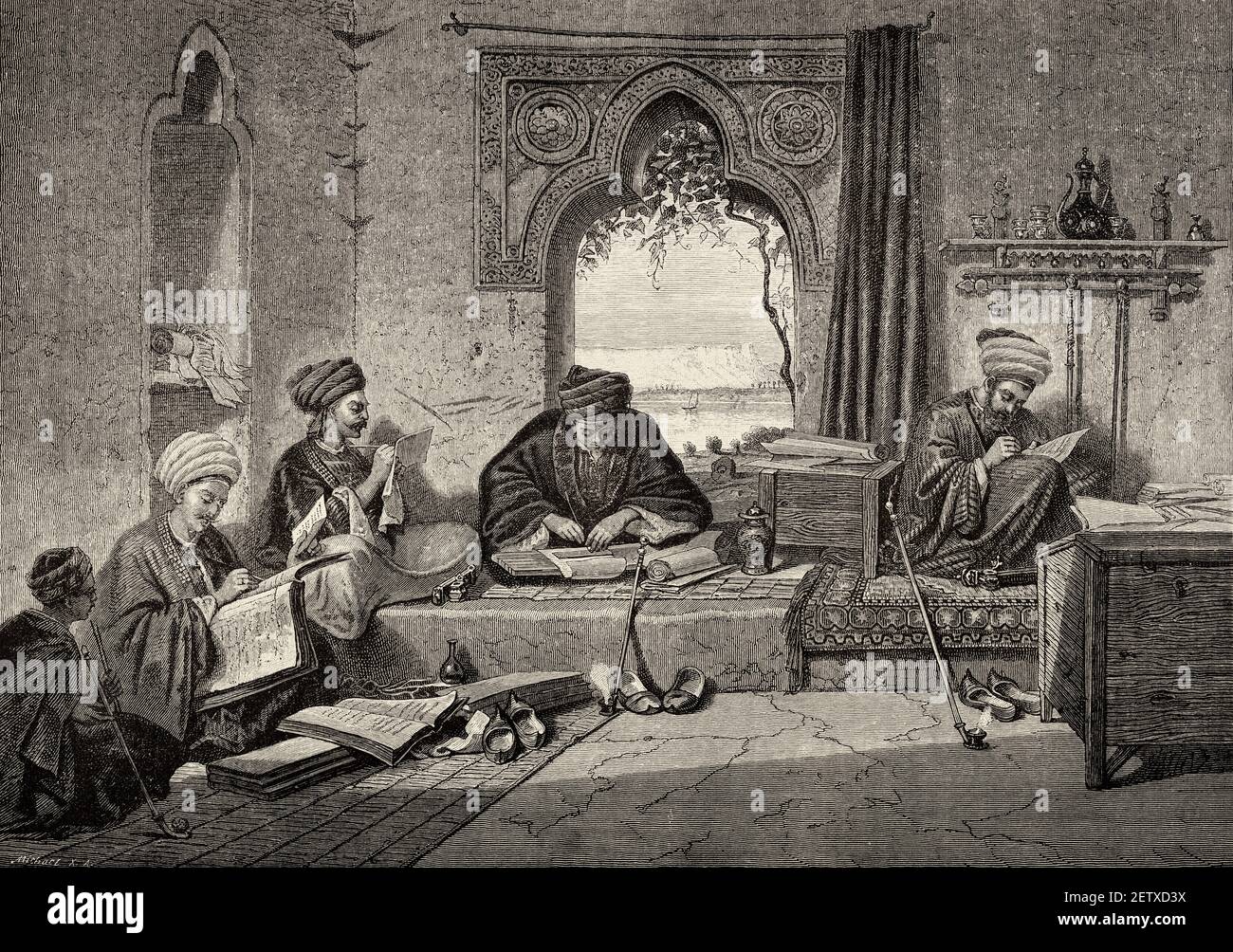 Writing room at Girgeh. Egypt 19th Century. Old XIX century engraved illustration, El Mundo Ilustrado 1880 Stock Photo