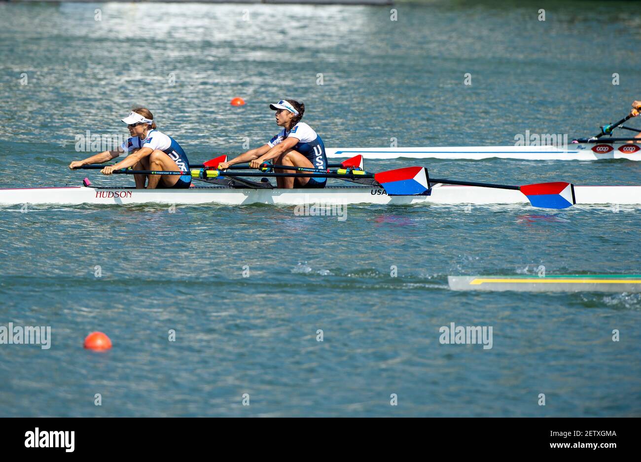 Linz, Austria, Saturday,  31st Aug 2019, FISA World Rowing Championship,  USA LW2X, Bow Michelle SECHSER, Christine CAVALLO,  opposite side from the Tower, Final  B,[Mandatory Credit; Peter SPURRIER/Intersport Images]  11:43:07  31.08.19 Stock Photo