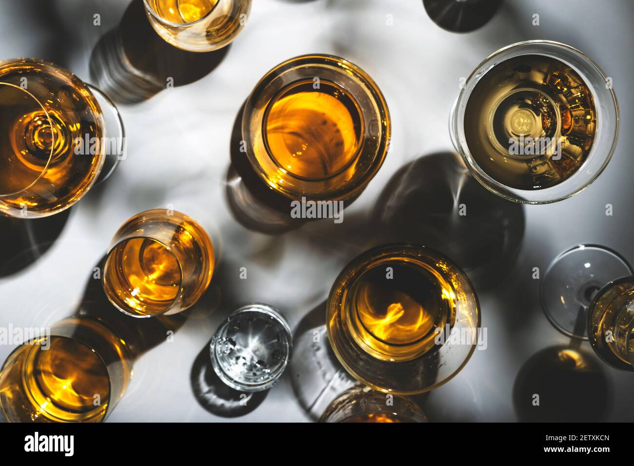 Hard Strong Alcoholic Drinks Spirits And Distillates In Glasses Vodka Cognac Tequila Scotch Brandy And Whiskey Grappa Vermouth Rum White Bac Stock Photo Alamy