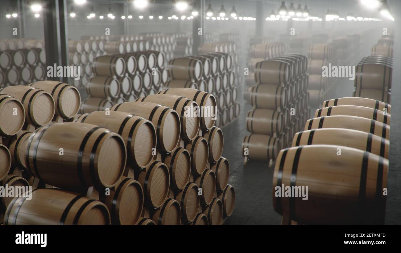 Barrels of wine, whiskey, bourbon liqueur or cognac in the basement. Aging of alcohol in oak barrels in warehouse. Wine, beer, whiskey casks stacked i Stock Photo