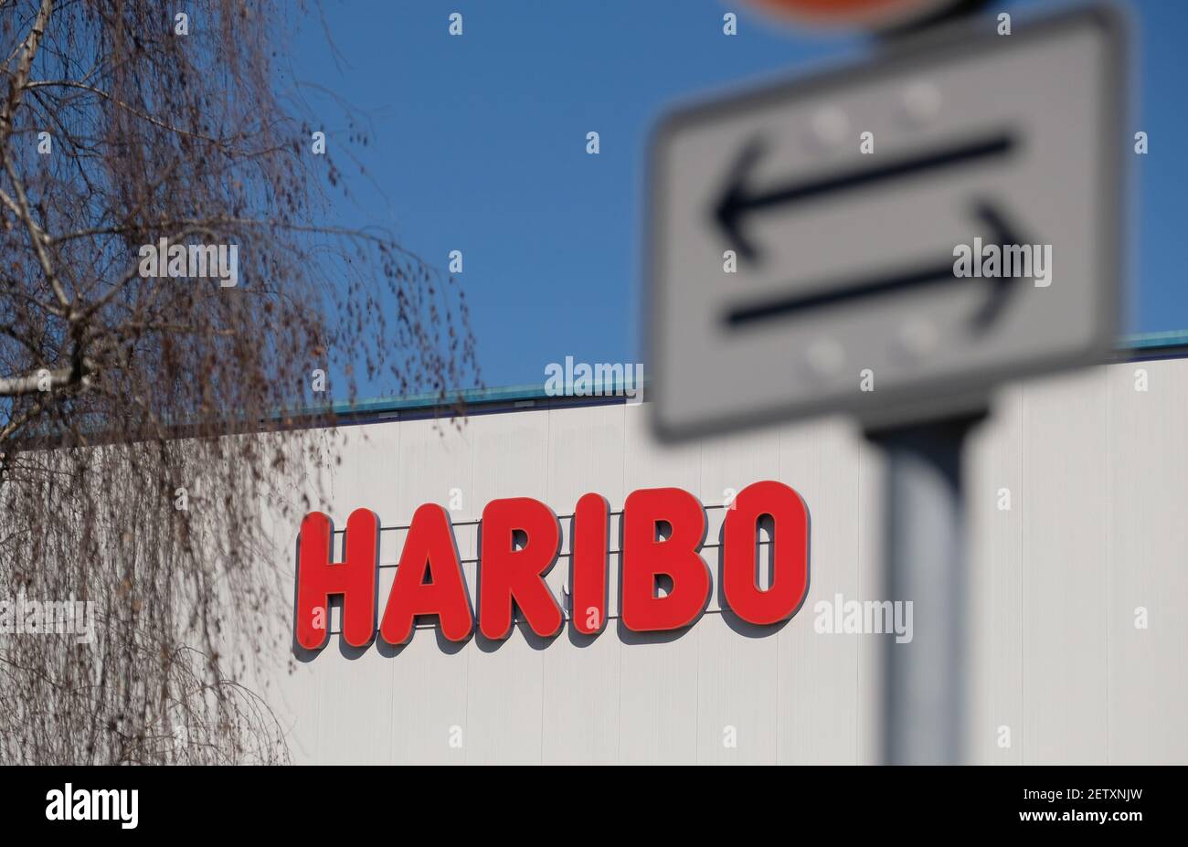 02 March 2021, Saxony, Wilkau-Haßlau: The "Haribo" lettering on the ...